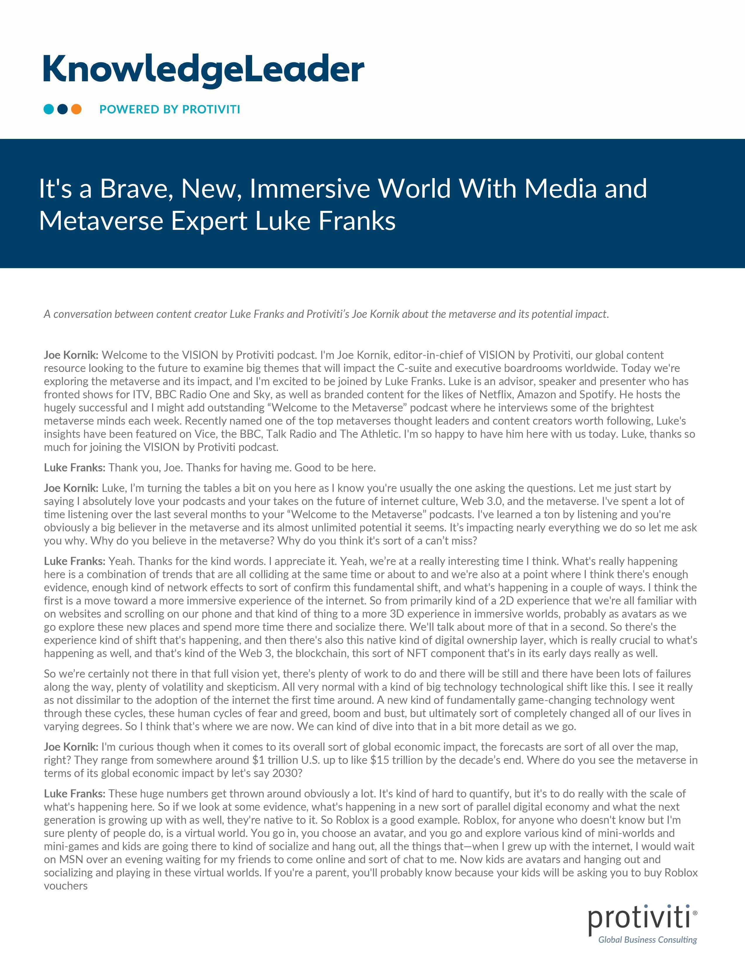 Screenshot of the first page of It s a Brave, New, Immersive World With Media and Metaverse Expert Luke Franks