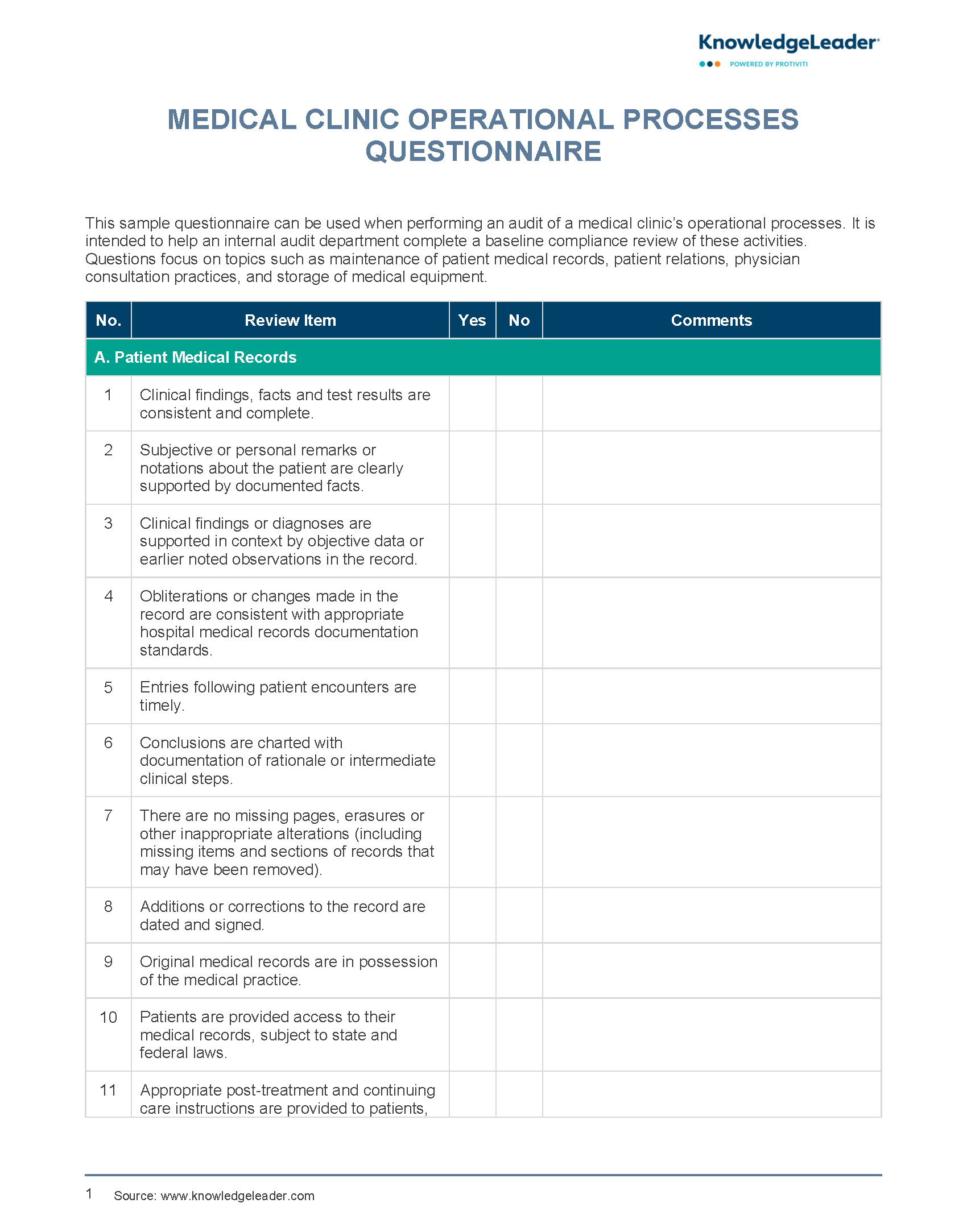 Screenshot of the first page of Medical Clinic Operational Processes Questionnaire