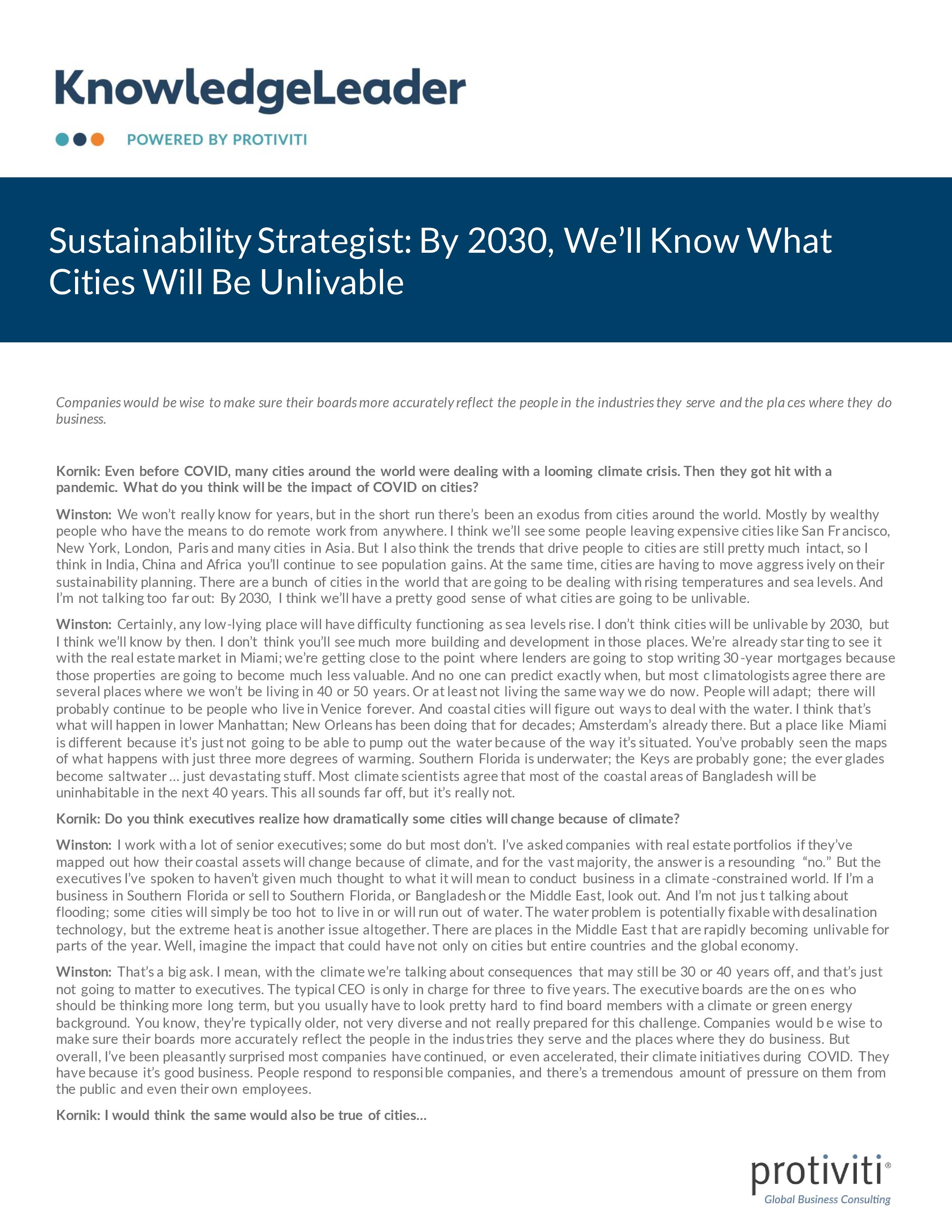 Screenshot of the first page of Sustainability Strategist By 2030, We’ll Know What Cities Will Be Unlivable