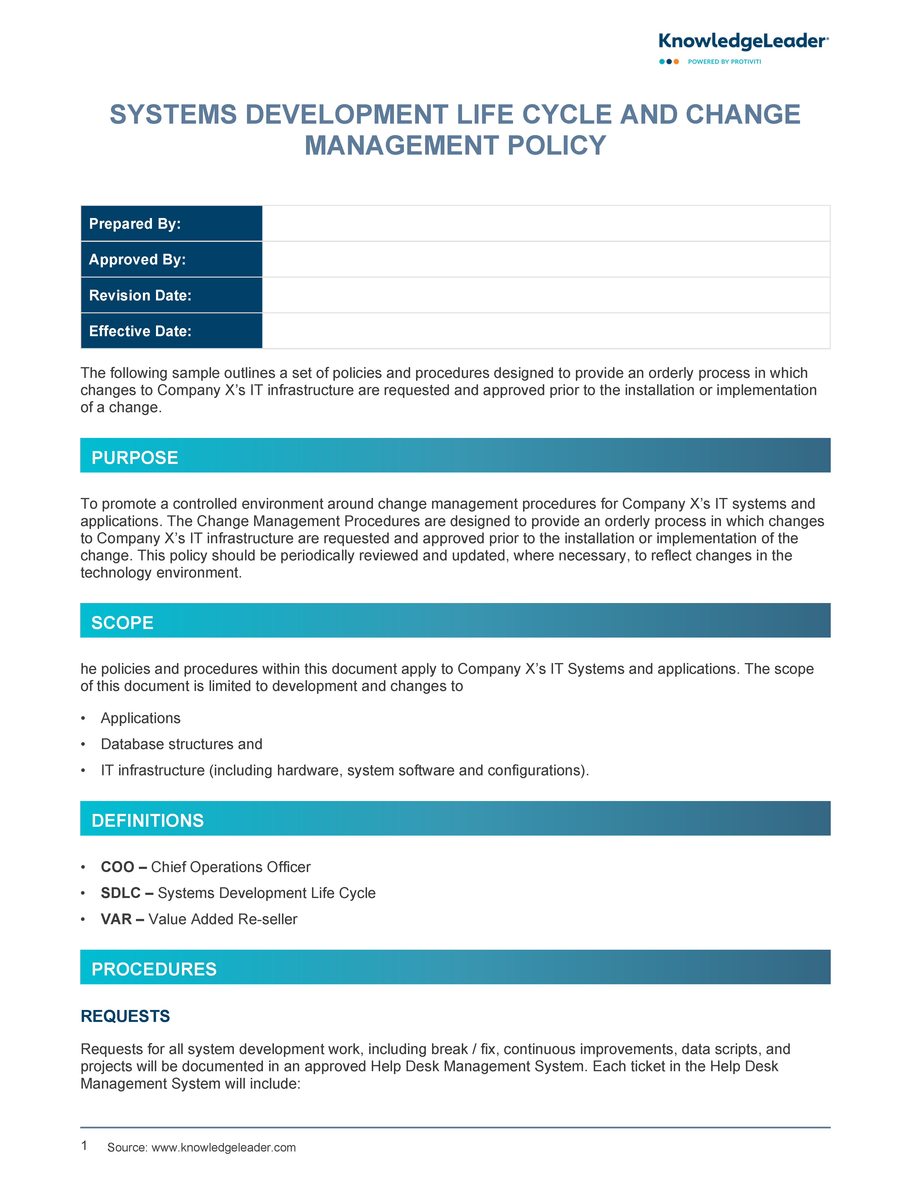 Screenshot of the first page of System Development Life Cycle and Change Management Policy