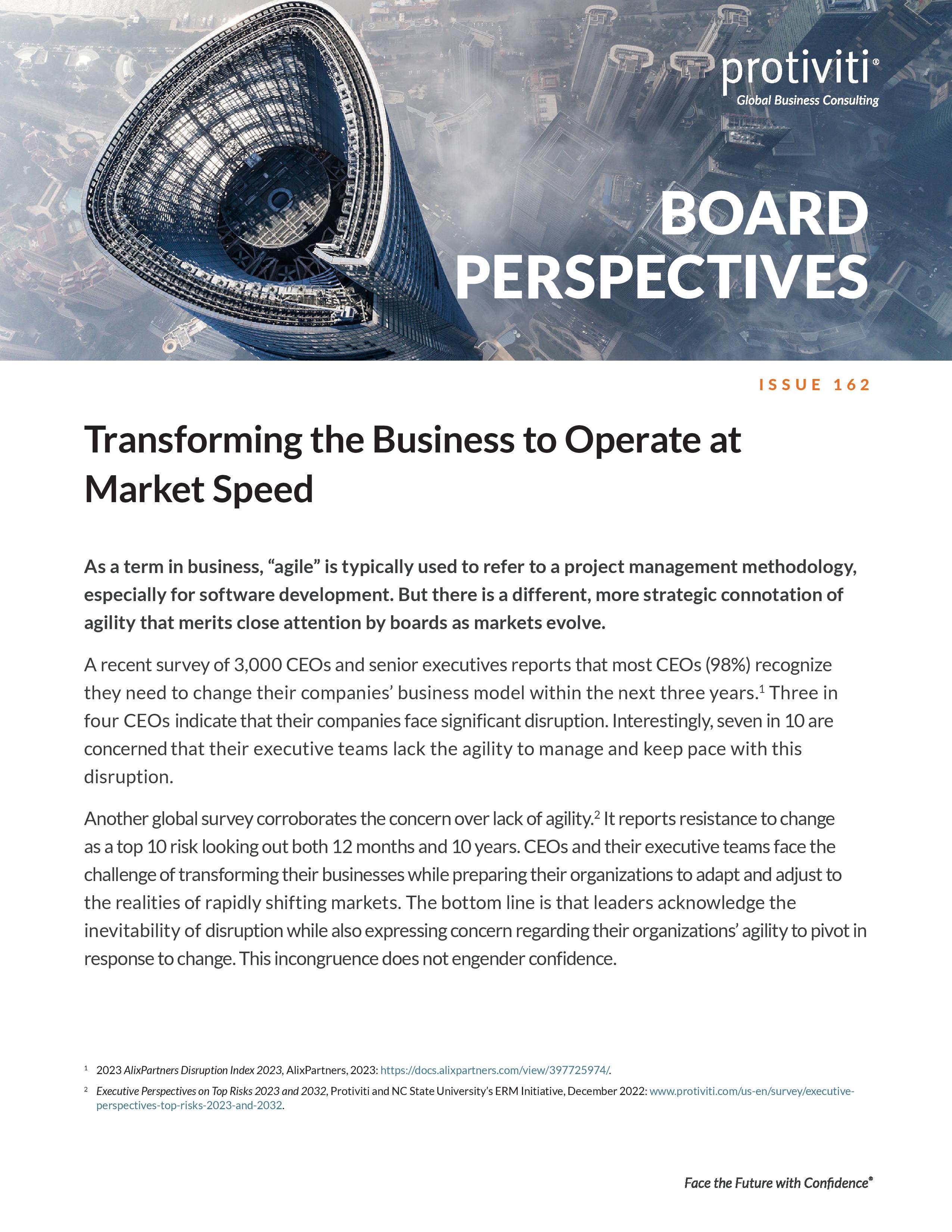 Screenshot of the first page of Transforming the Business to Operate at  Market Speed