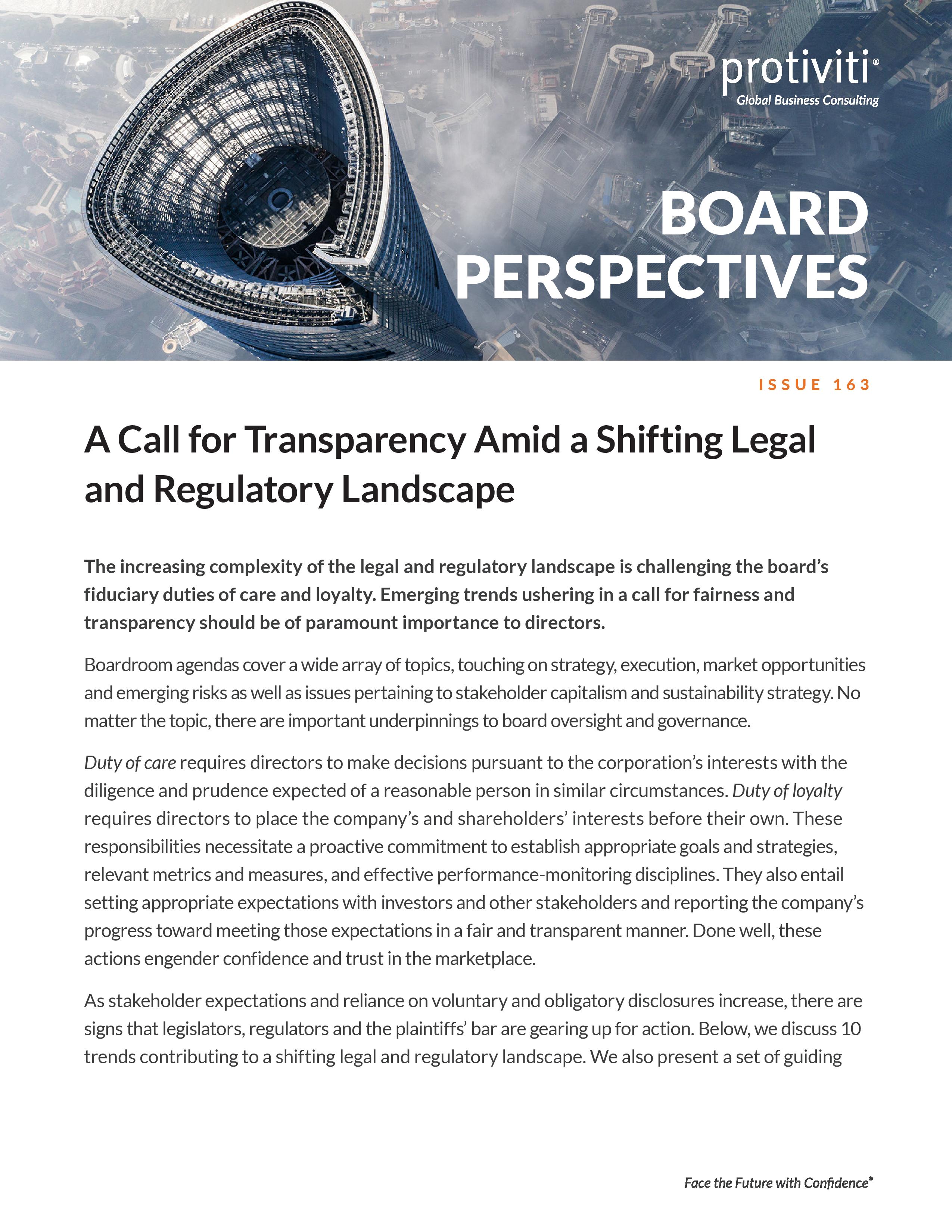 Screenshot of the first page of A Call for Transparency Amid a Shifting Legal and Regulatory Landscape