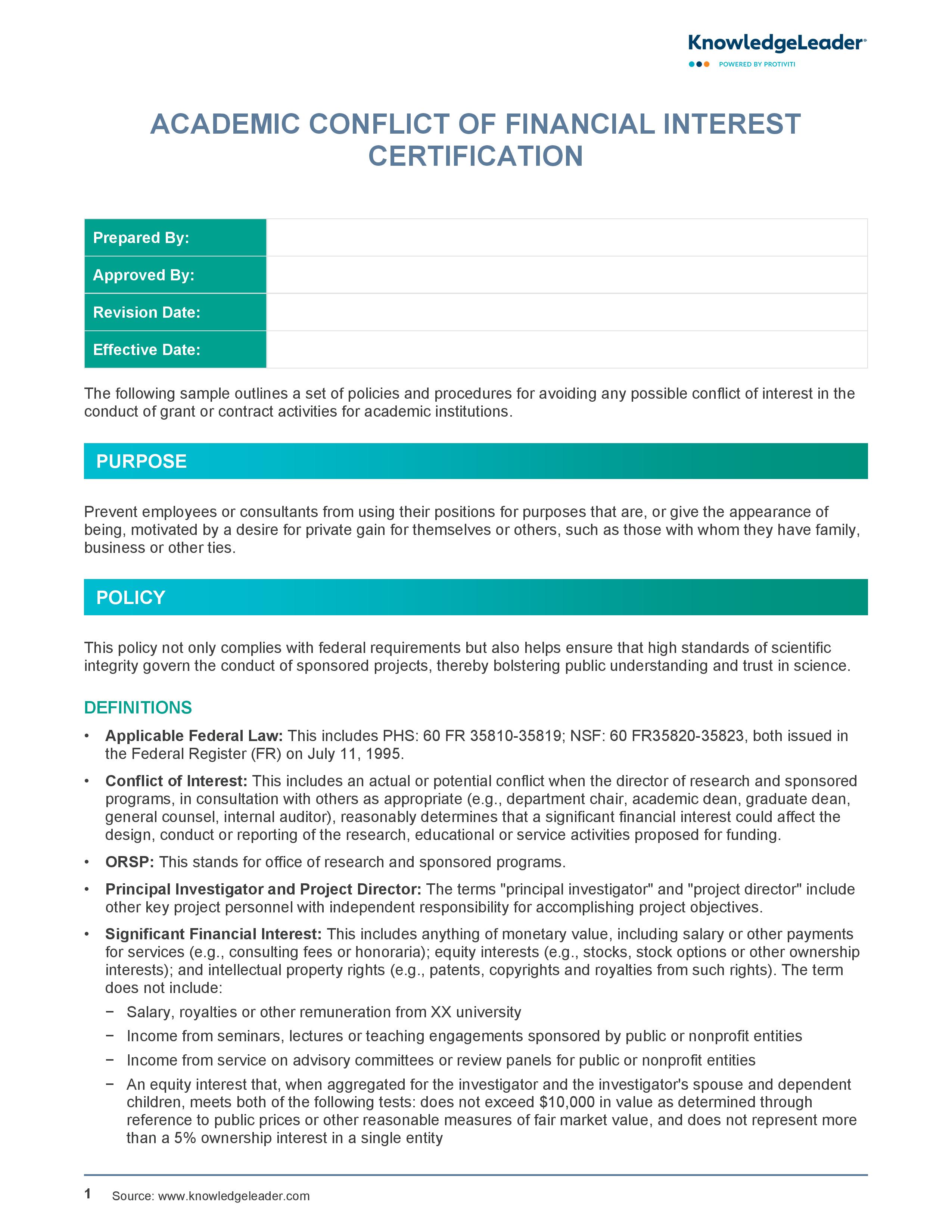 Screenshot of the first page of Academic Conflict of Financial Interest Certification Policy