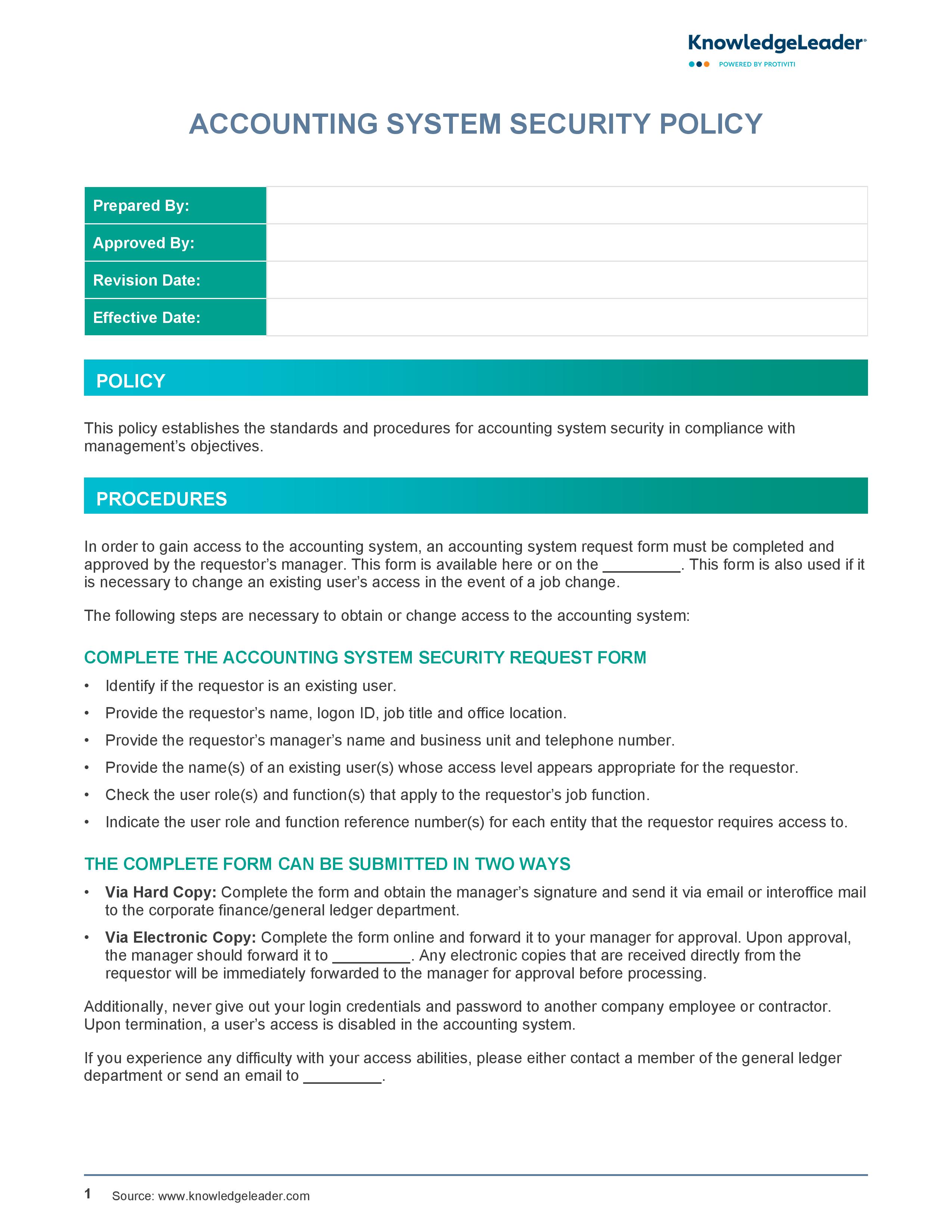 Screenshot of the first page of Accounting System Security Policy