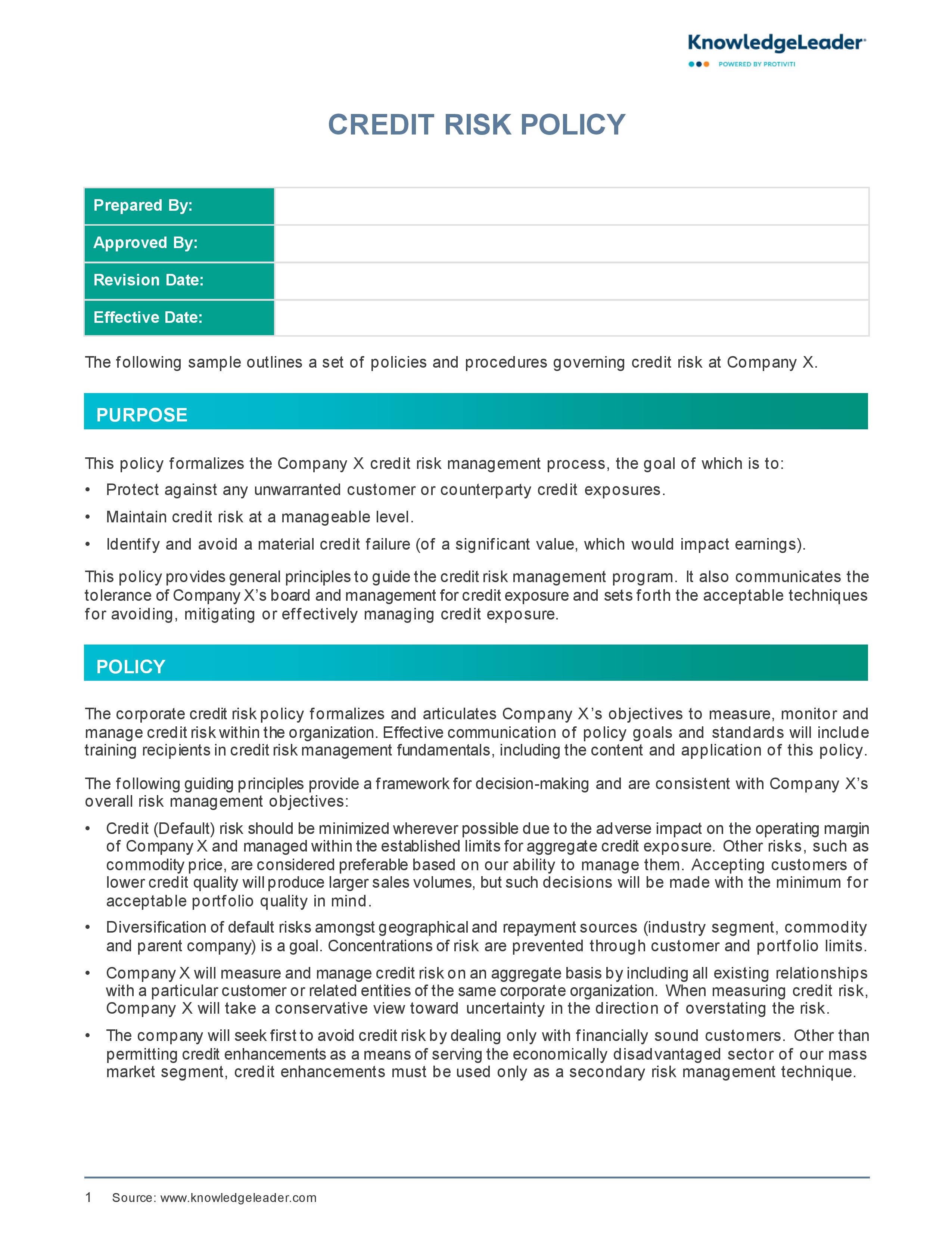 Screenshot of the first page of Credit Risk Policy