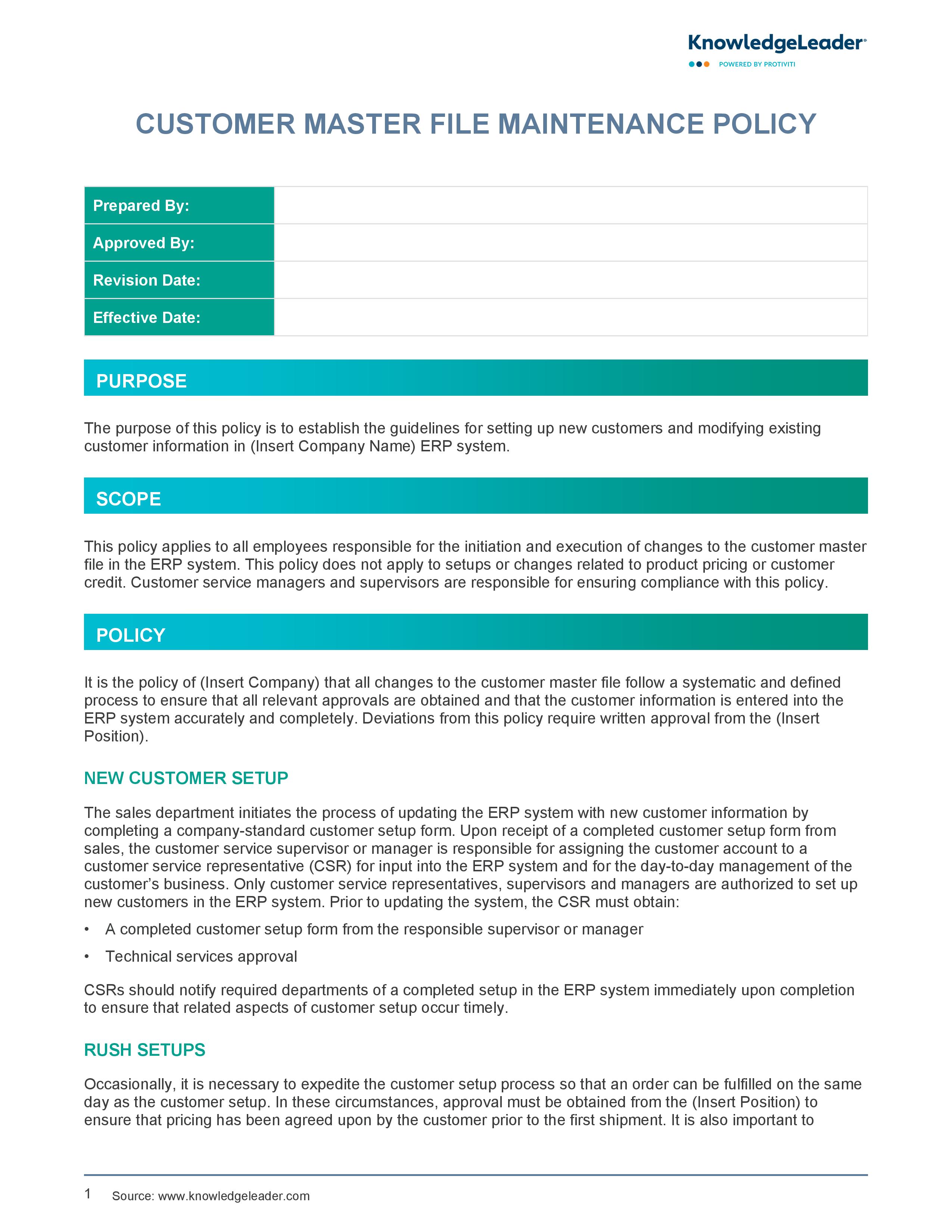 Screenshot of the first page of Customer Master File Maintenance Policy