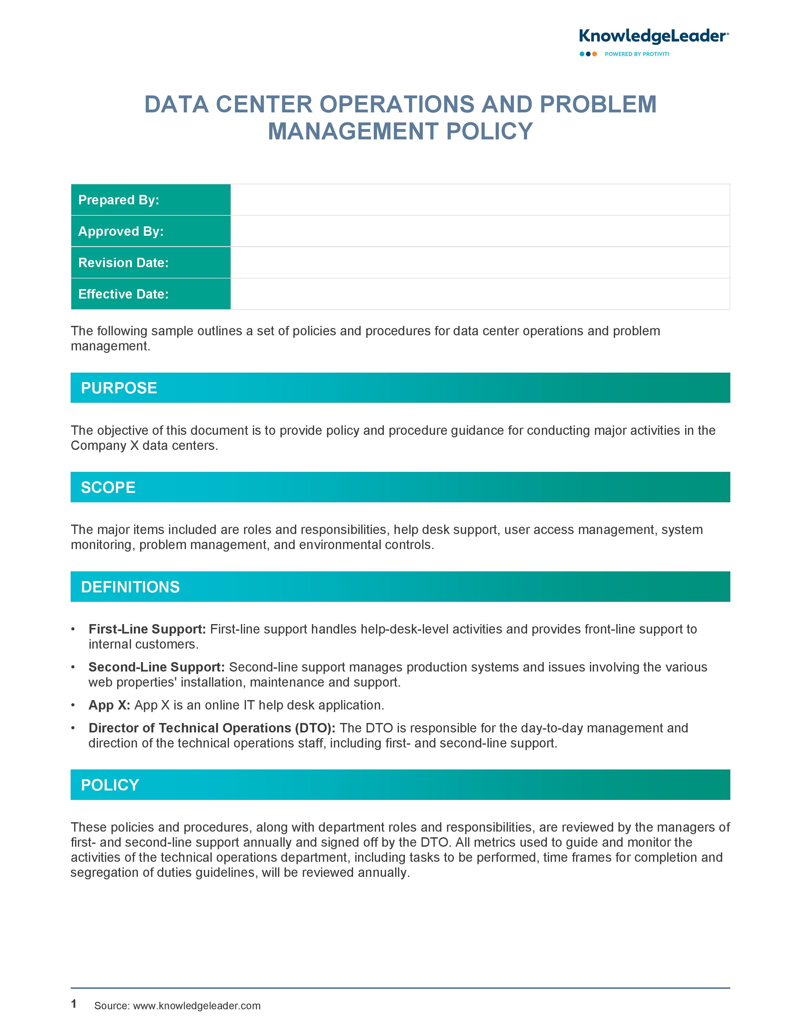 Screenshot of the first page of Data Center Operations and Problem Management Policy