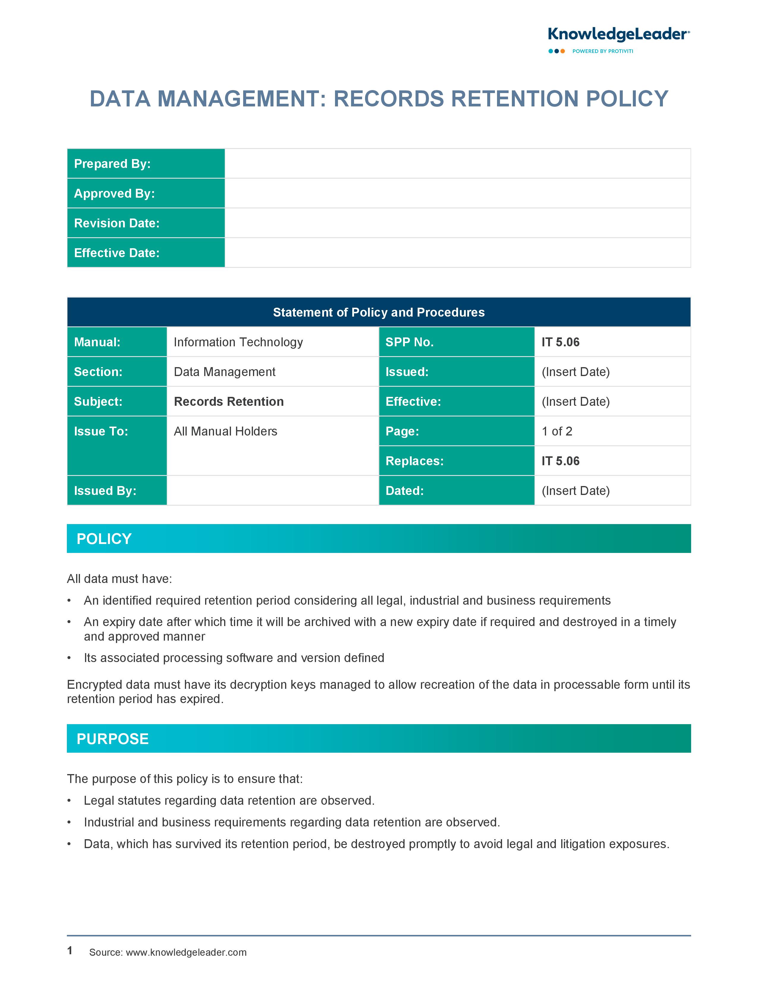 Screenshot of the first page of Data Management - Records Retention Policy