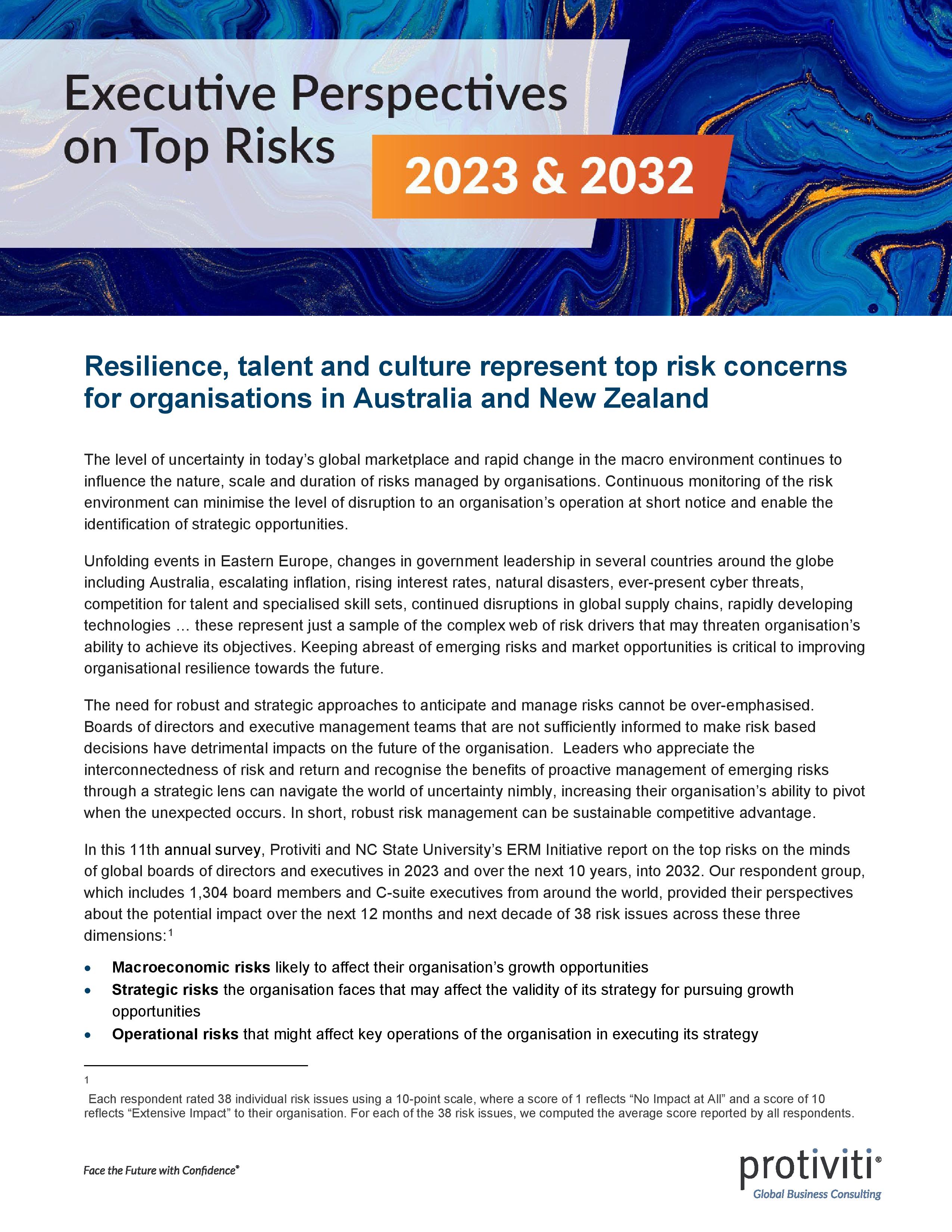 Screenshot of the first page of Executive Perspectives on Top Risks in 2023 and 2032 Australia and New Zealand Results