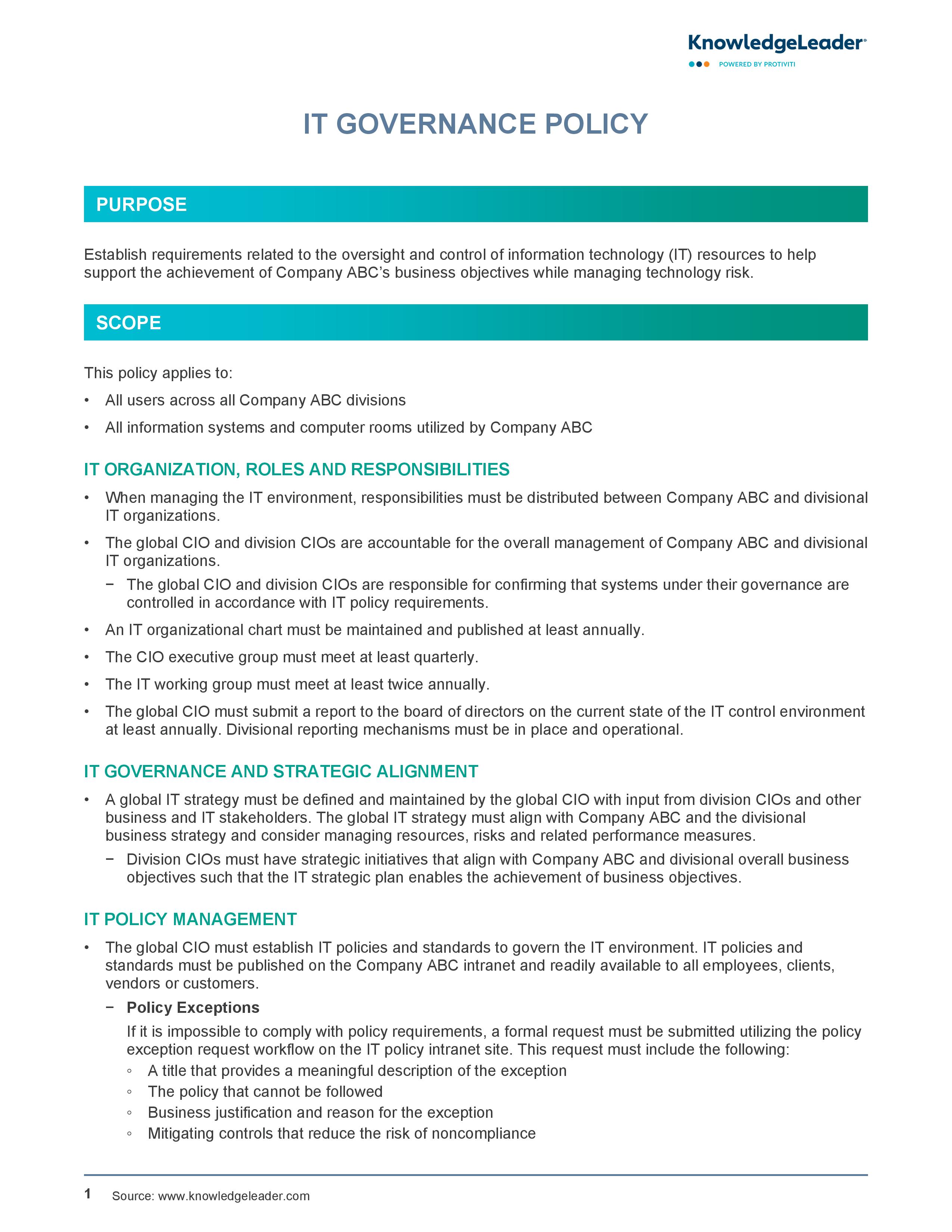 Screenshot of the first page of IT Governance Policy