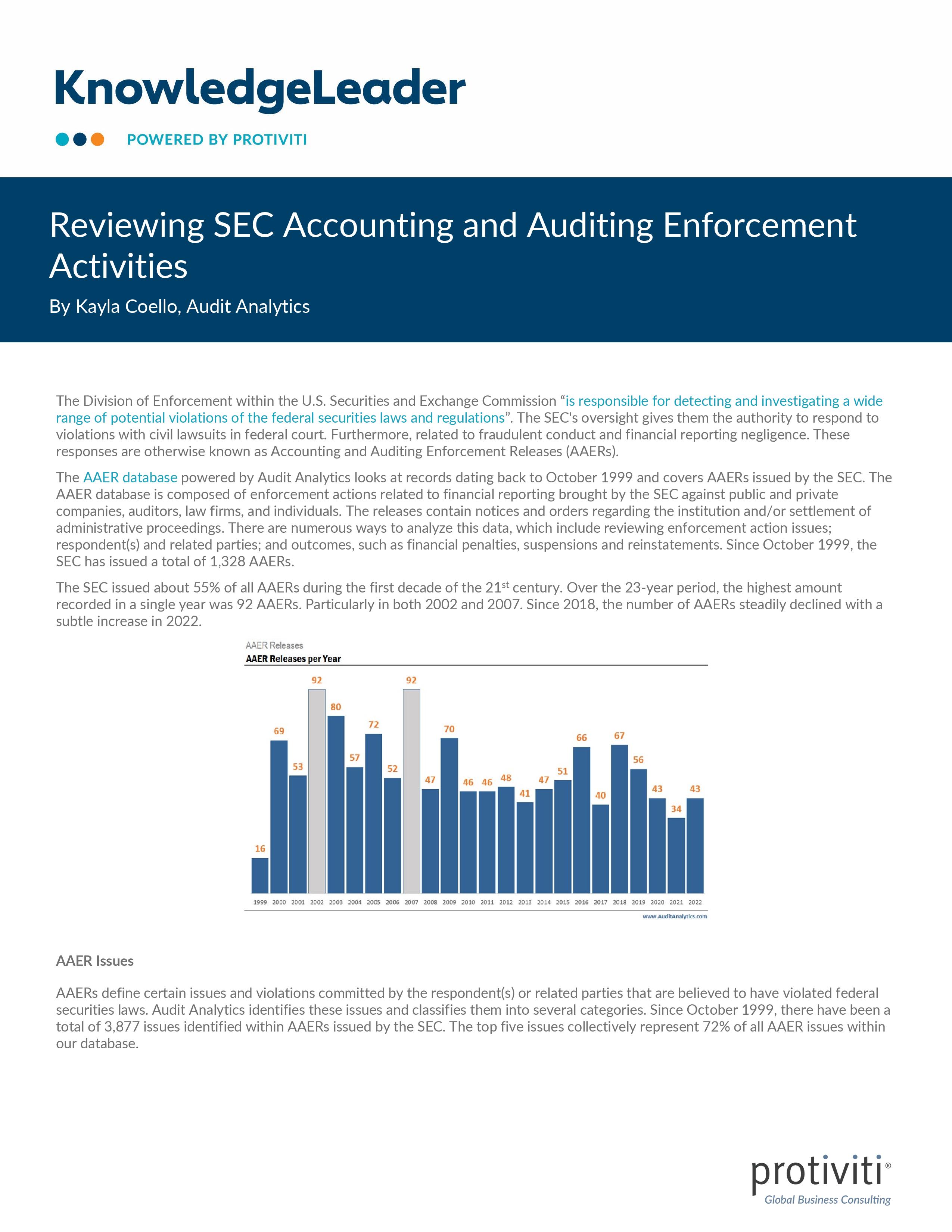 Screenshot of the first page of Reviewing SEC Accounting and Auditing Enforcement Activities