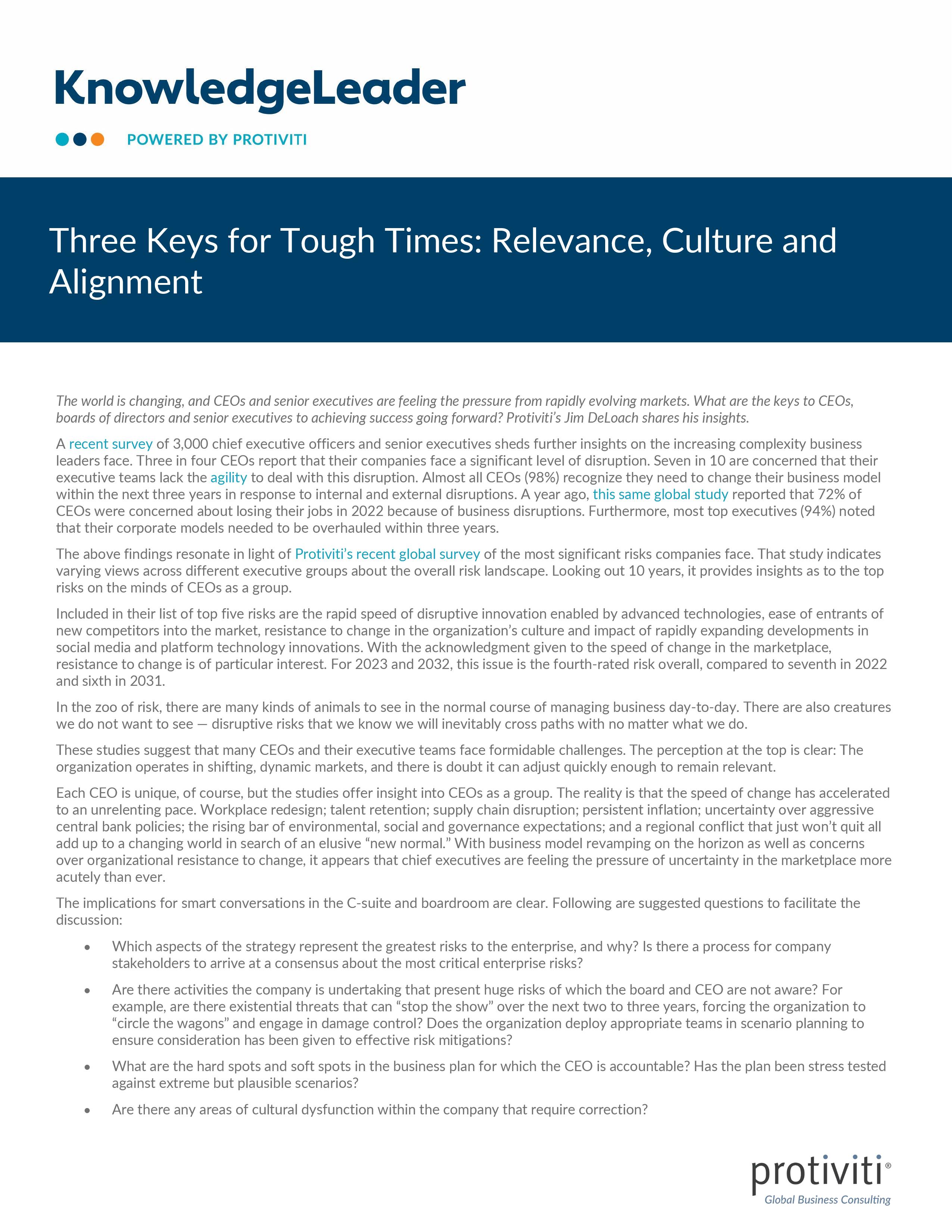 Screenshot of the first page of Three Keys for Tough Times Relevance, Culture and Alignment