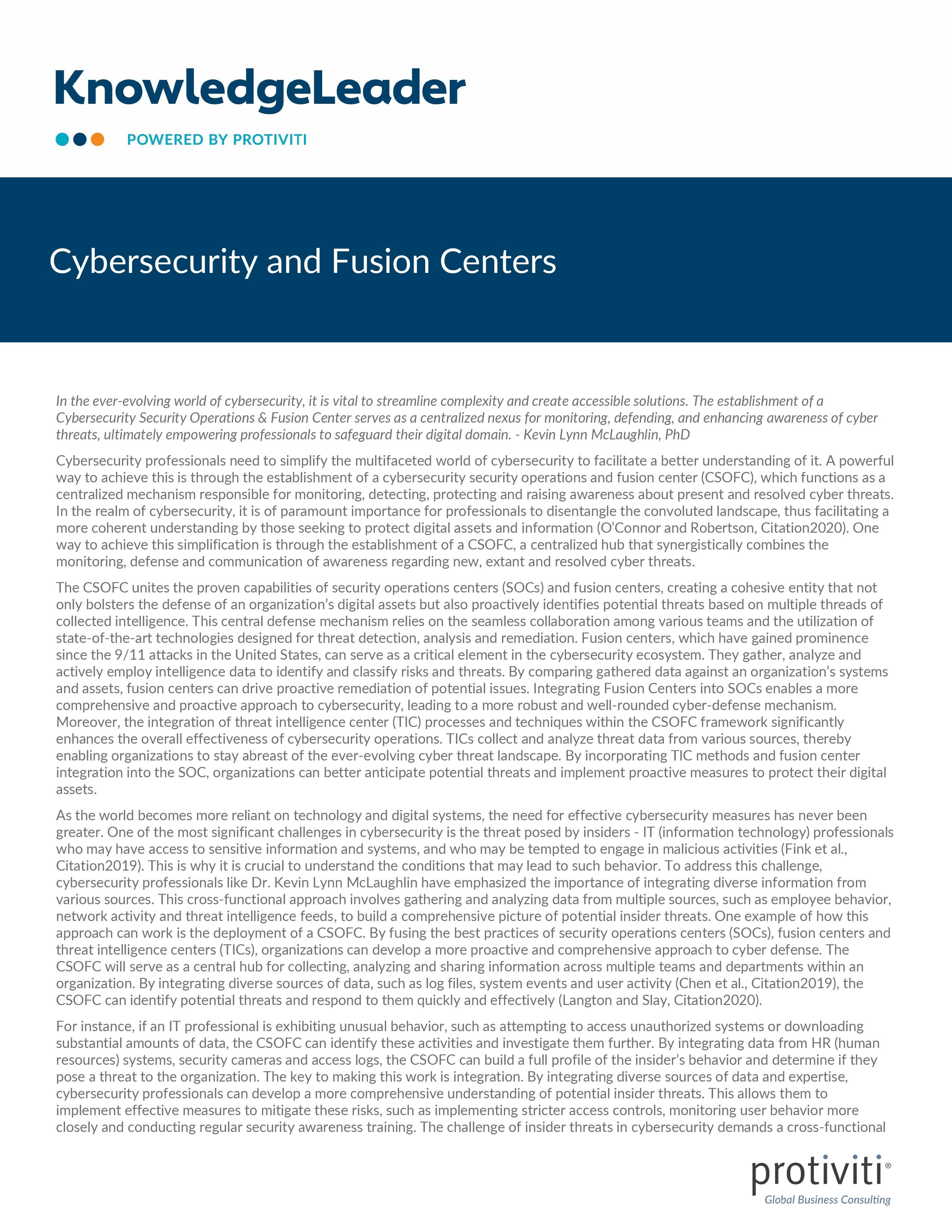 Screenshot of the first page of Cybersecurity and Fusion Centers