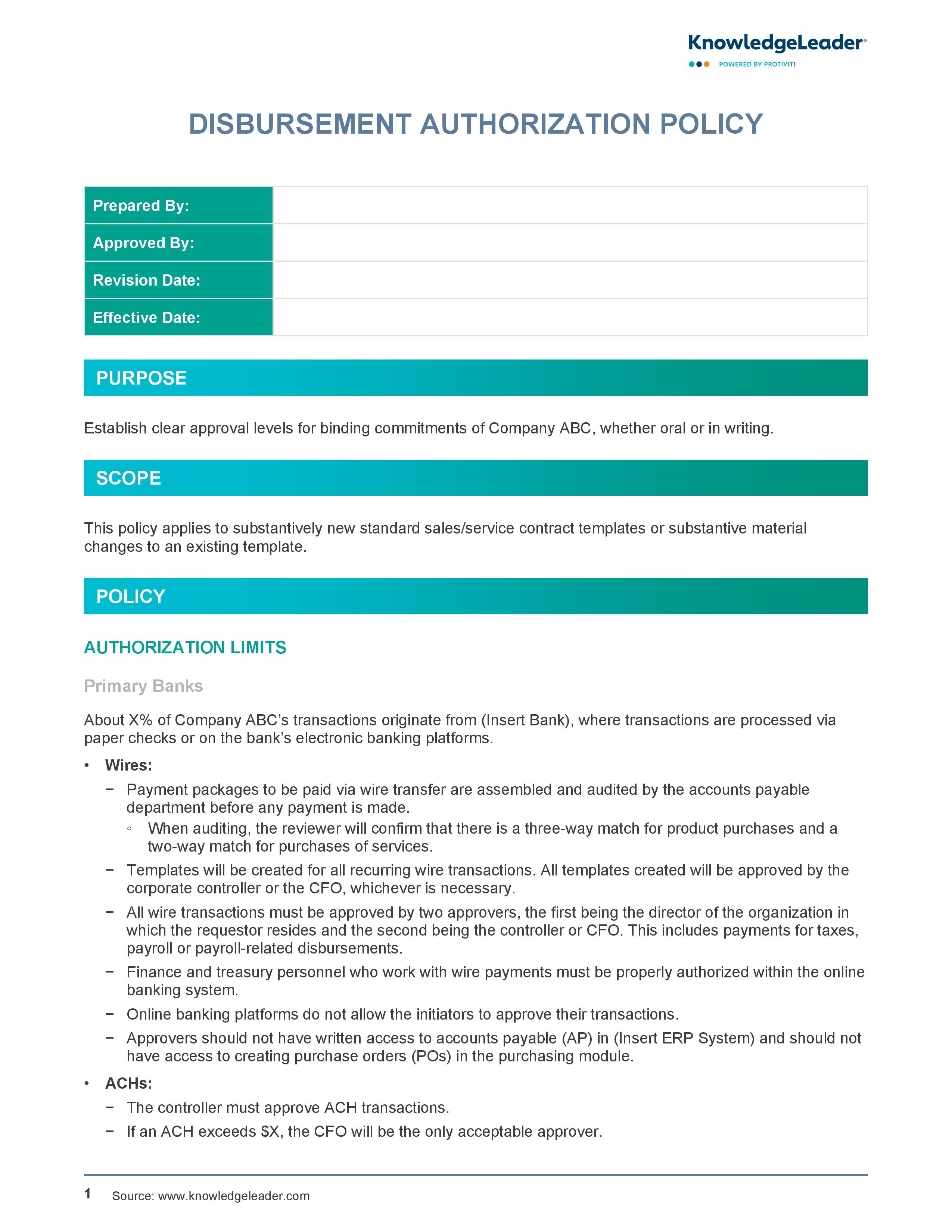 Screenshot of the first page of Disbursement Authorization Policy