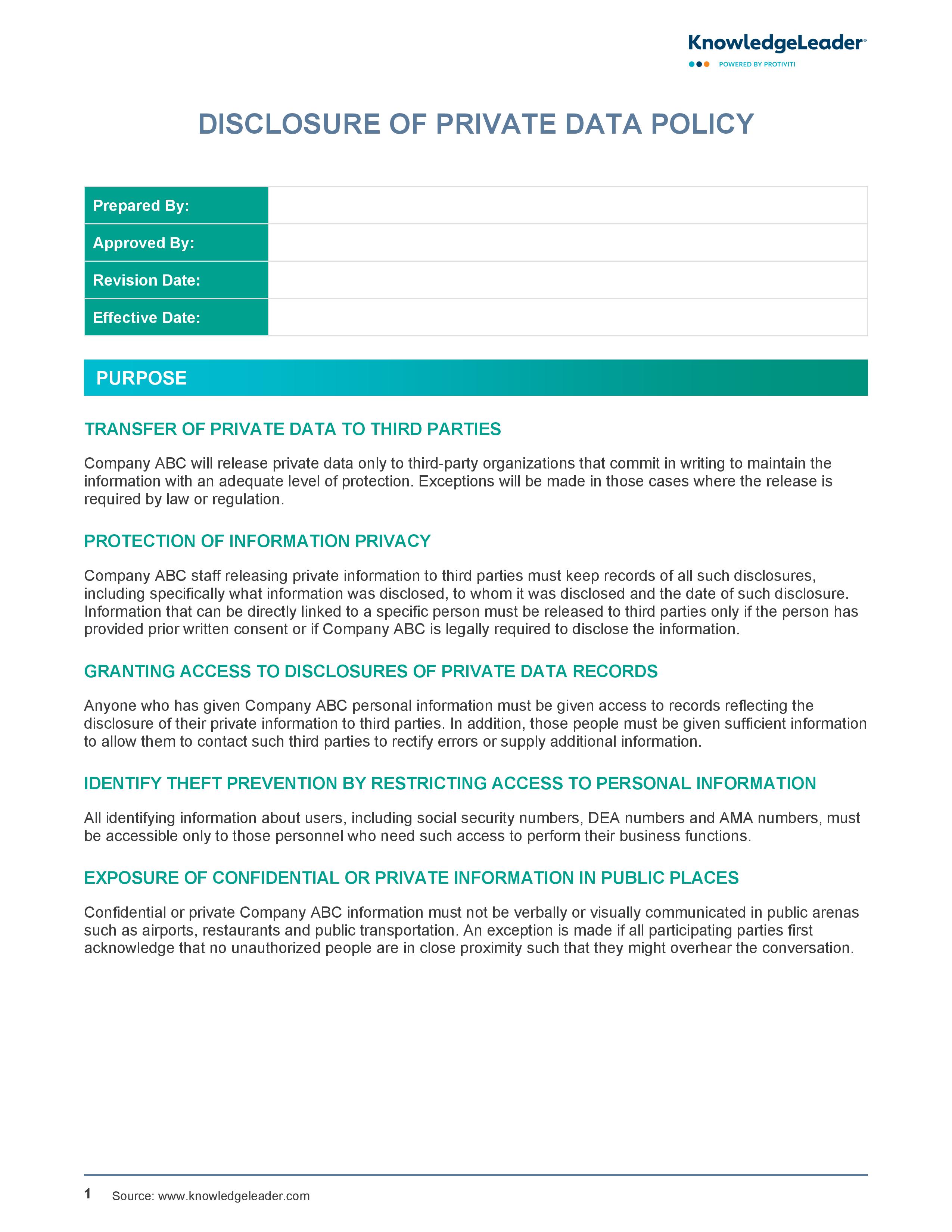 Screenshot of the first page of Disclosure of Private Data Policy