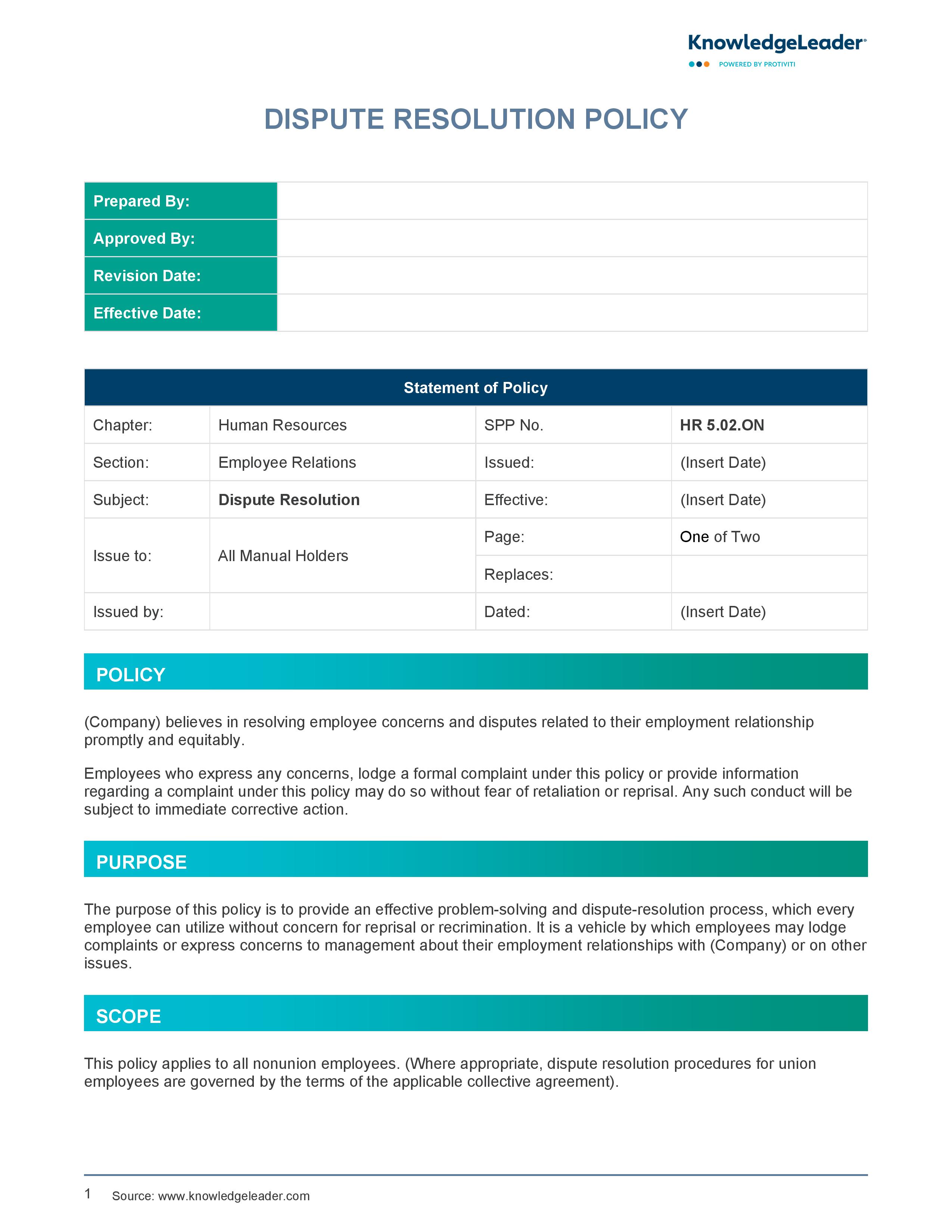 Screenshot of the first page of Dispute Resolution Policy