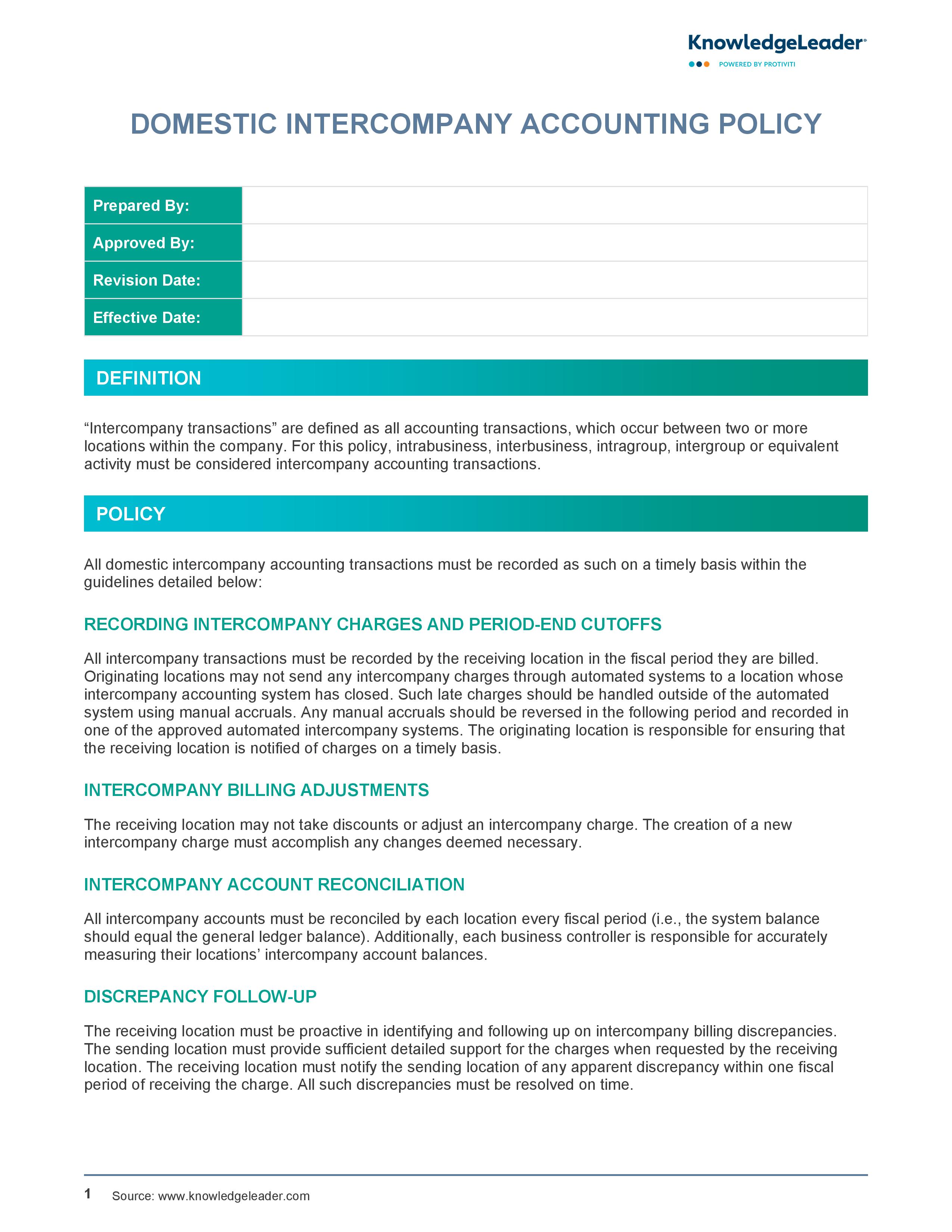 Screenshot of the first page of Domestic Intercompany Accounting Policy