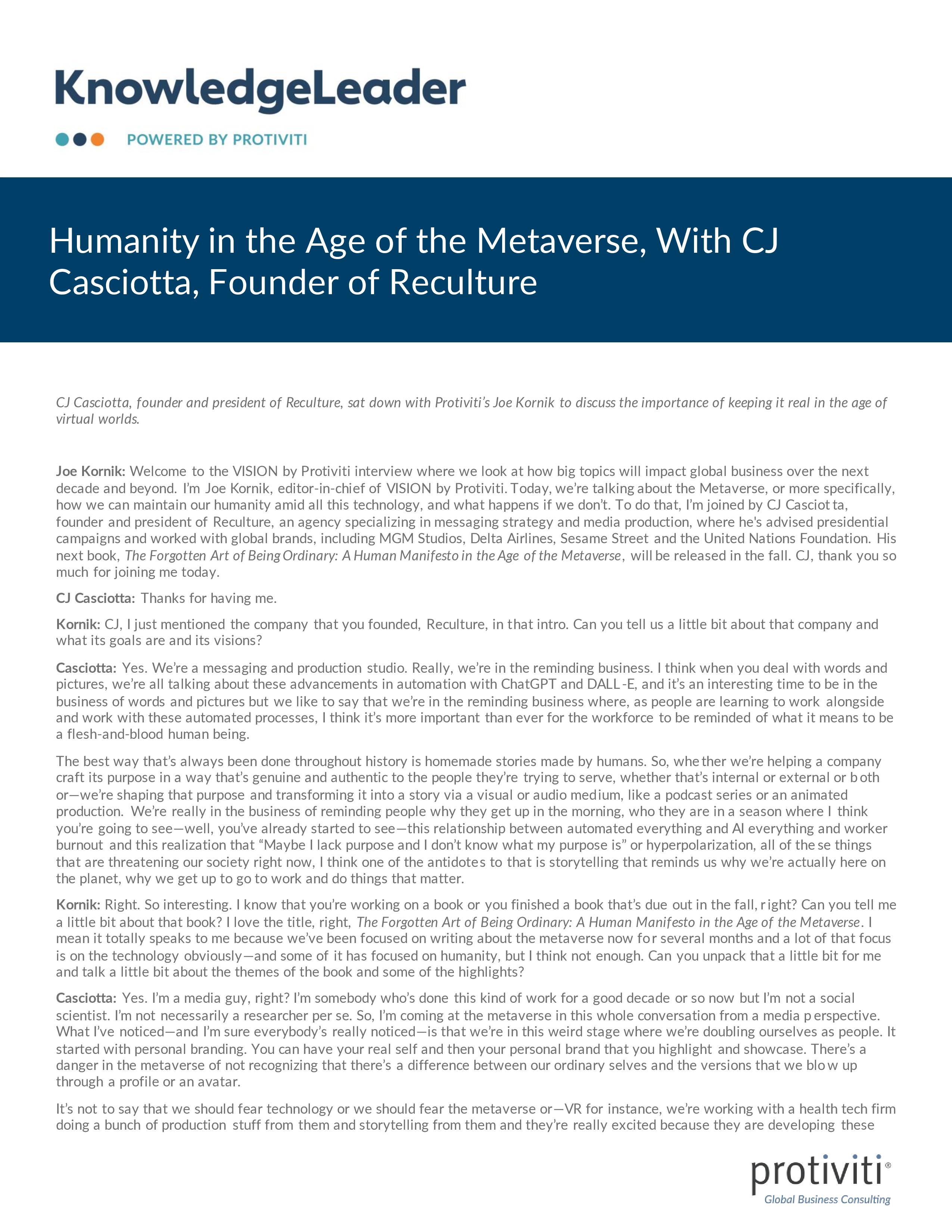 Screenshot of the first page of Humanity in the Age of the Metaverse, With CJ Casciotta, Founder of Reculture