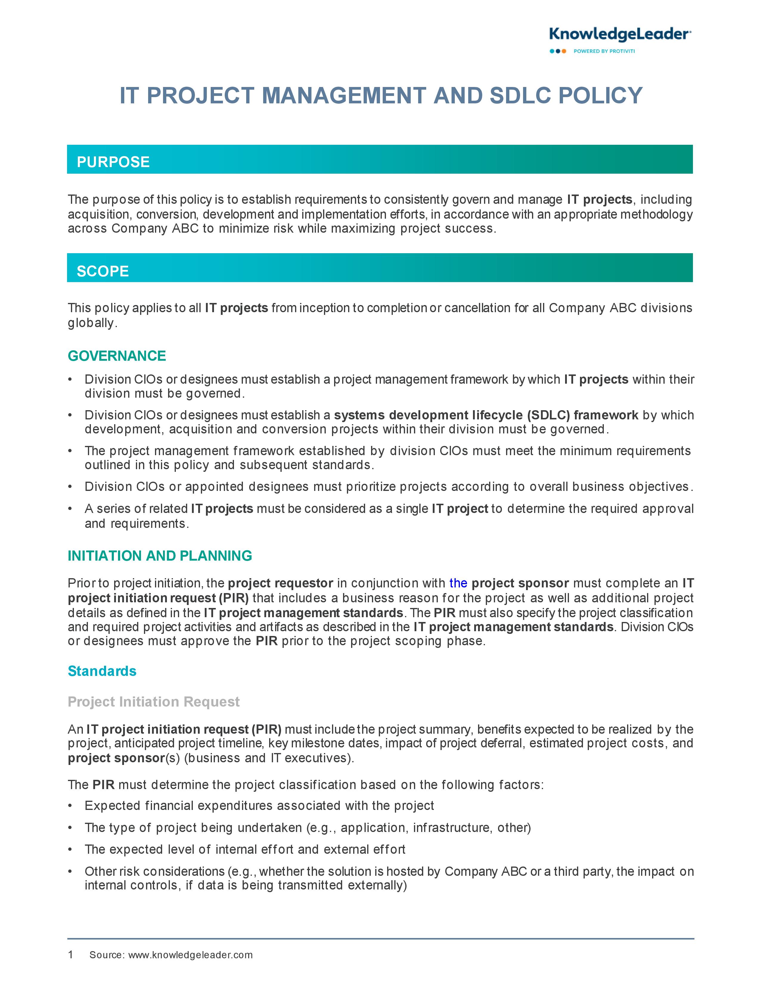 Screenshot of the first page of IT Project Management and SDLC Policy