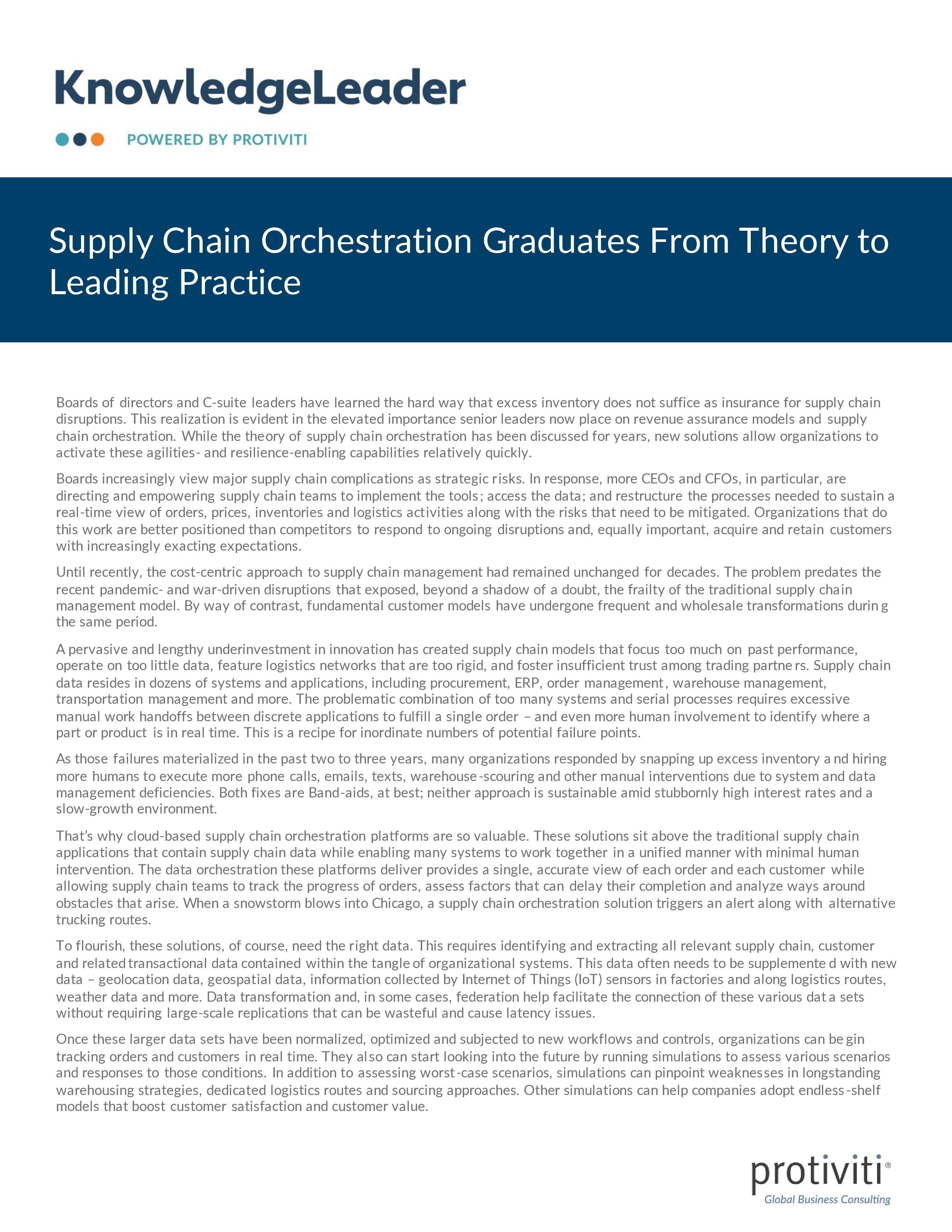 Screenshot of the first page of Supply Chain Orchestration Graduates From Theory to Leading Practice