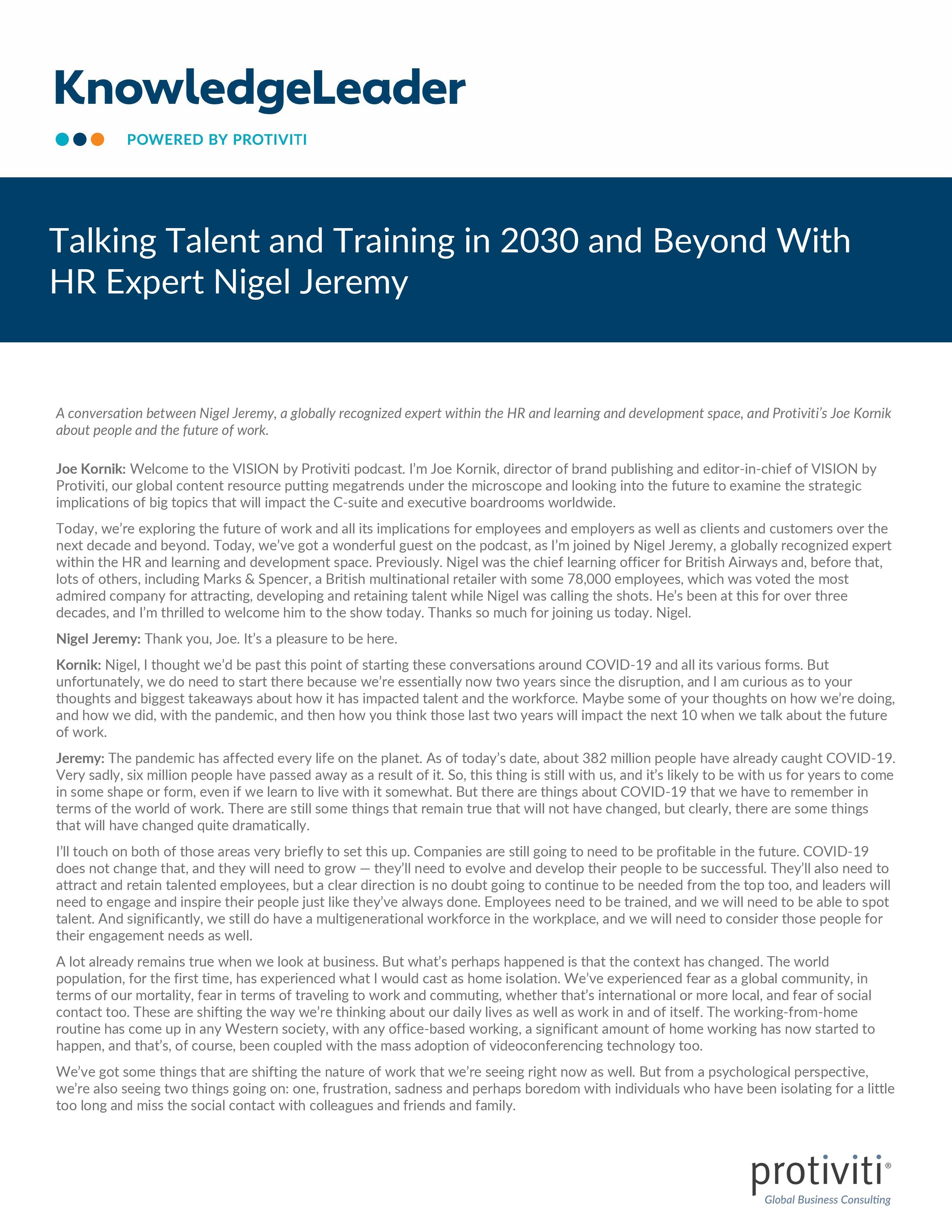 Screenshot of the first page of Talking Talent and Training in 2030 and Beyond With HR Expert Nigel Jeremy