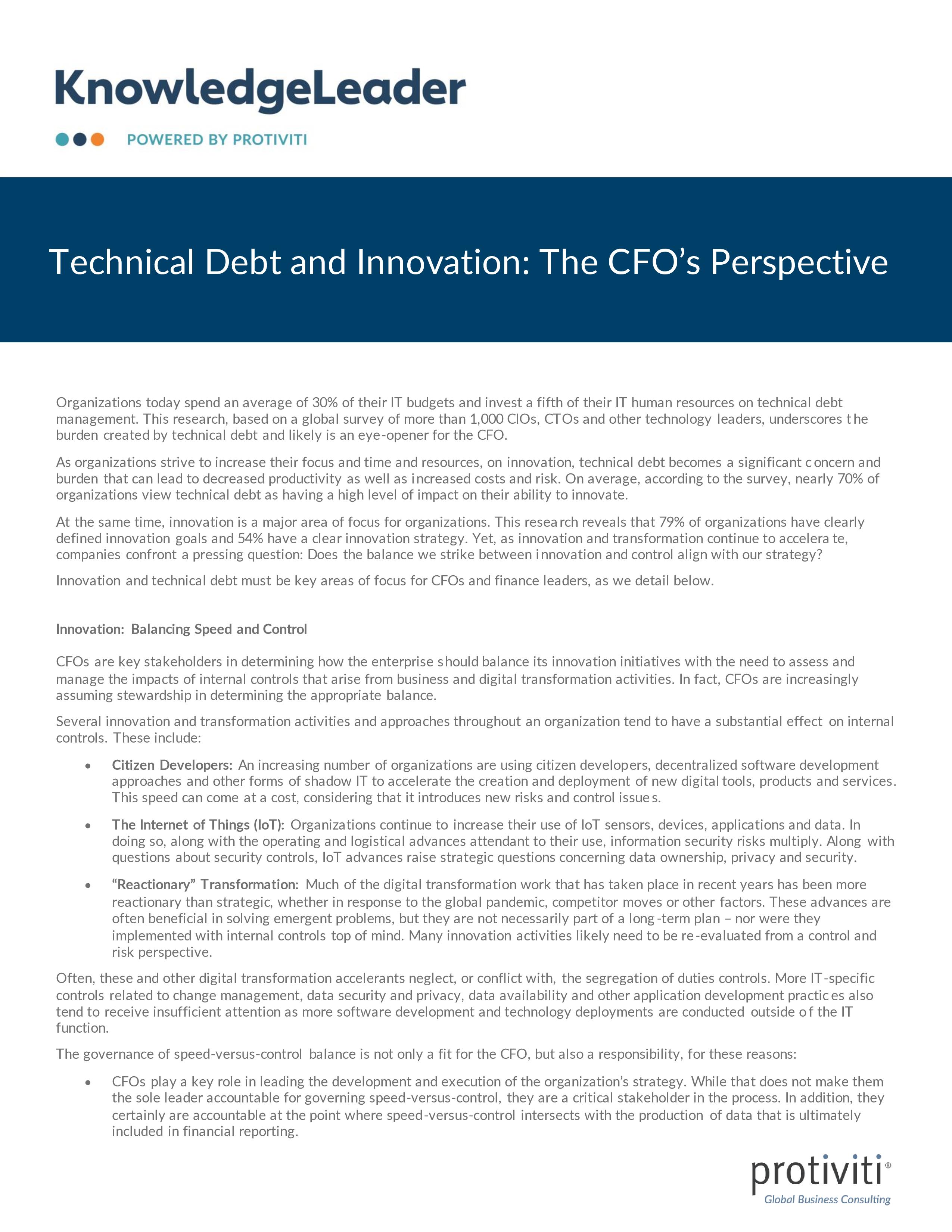 Screenshot of the first page of Technical Debt and Innovation The CFO’s Perspective