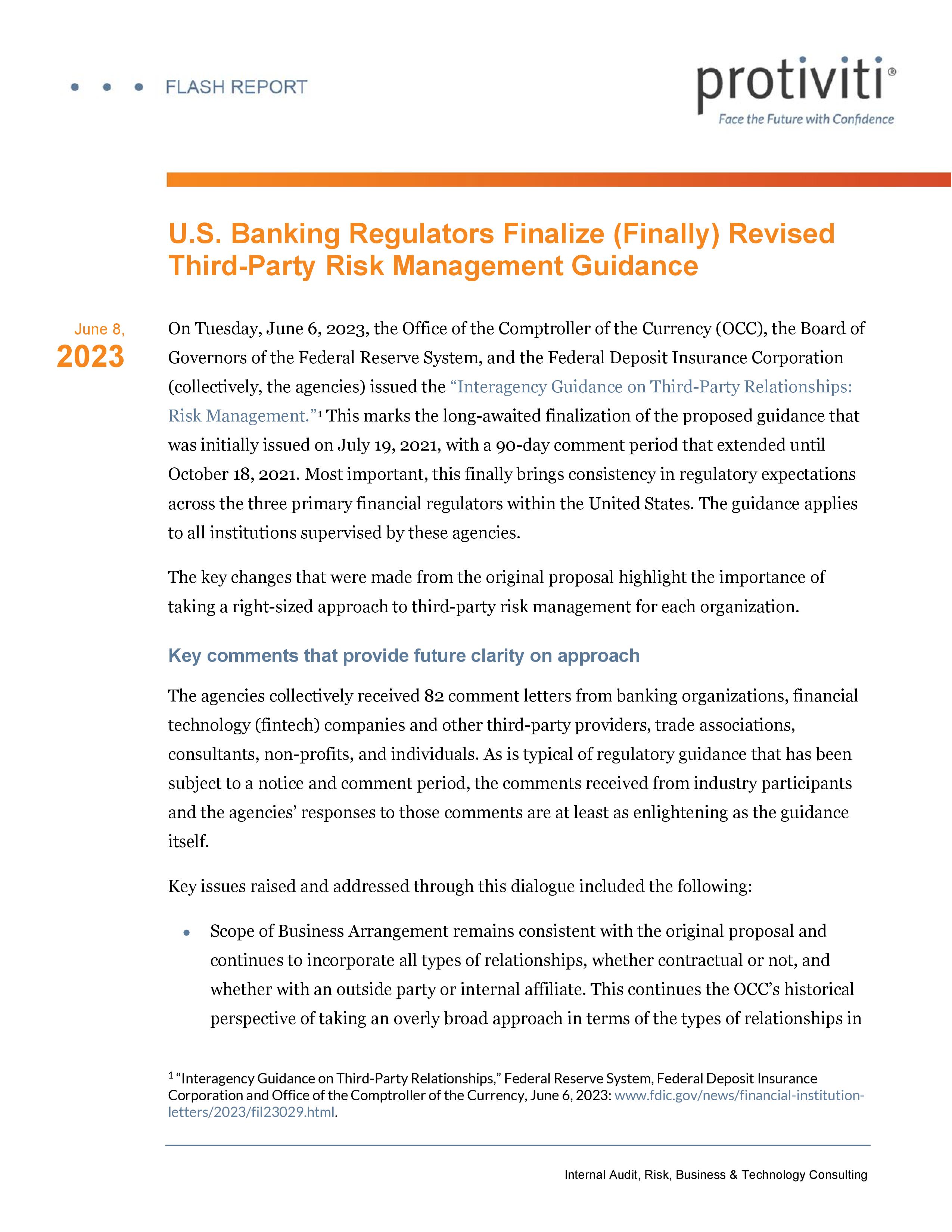 Screenshot of the first page of U.S. Banking Regulators Finalize (Finally) Revised Third-Party Risk Management Guidance