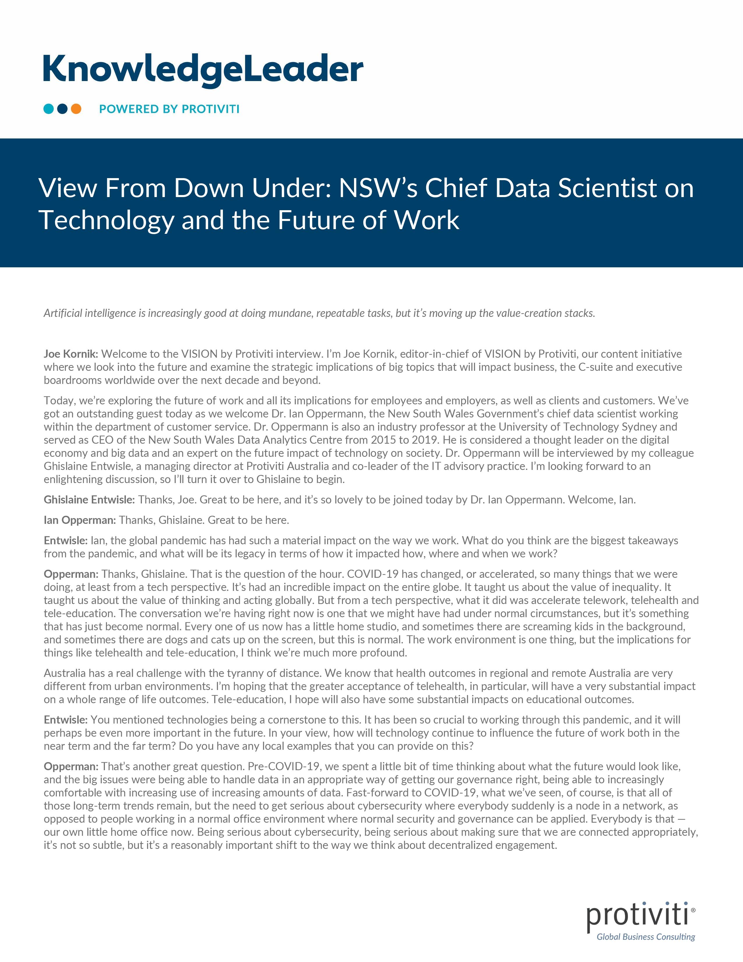 Screenshot of the first page of View From Down Under NSW’s Chief Data Scientist on Technology and the Future of Work