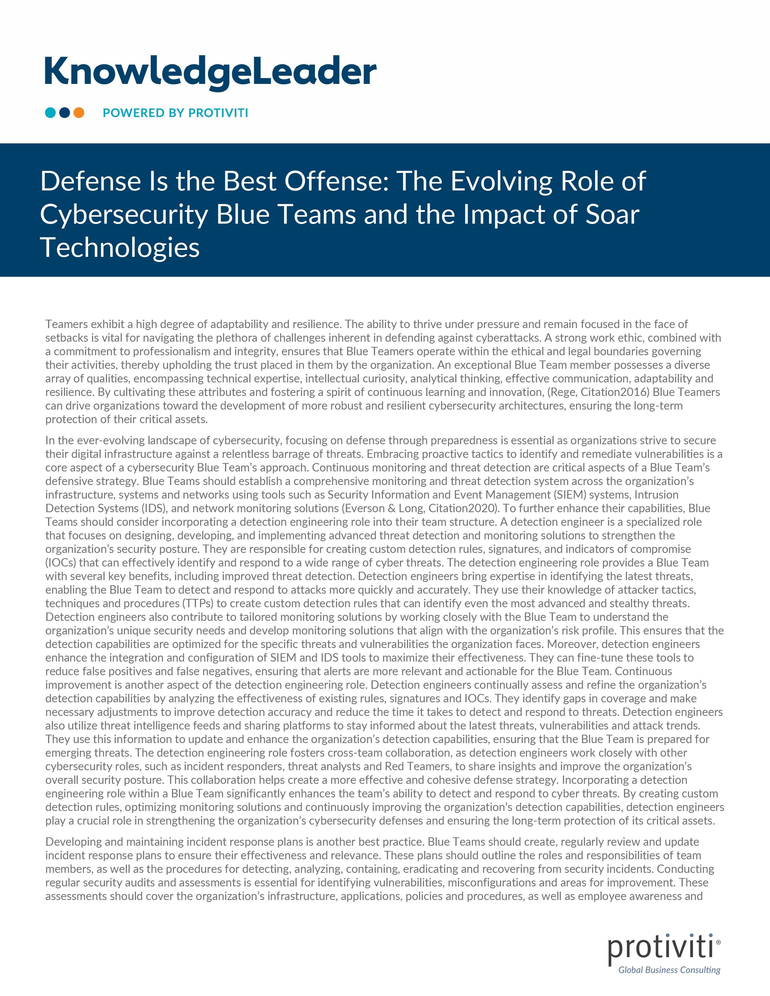 Screenshot of the first page of Defense Is the Best Offense The Evolving Role of Cybersecurity Blue Teams and the Impact of Soar Technologies