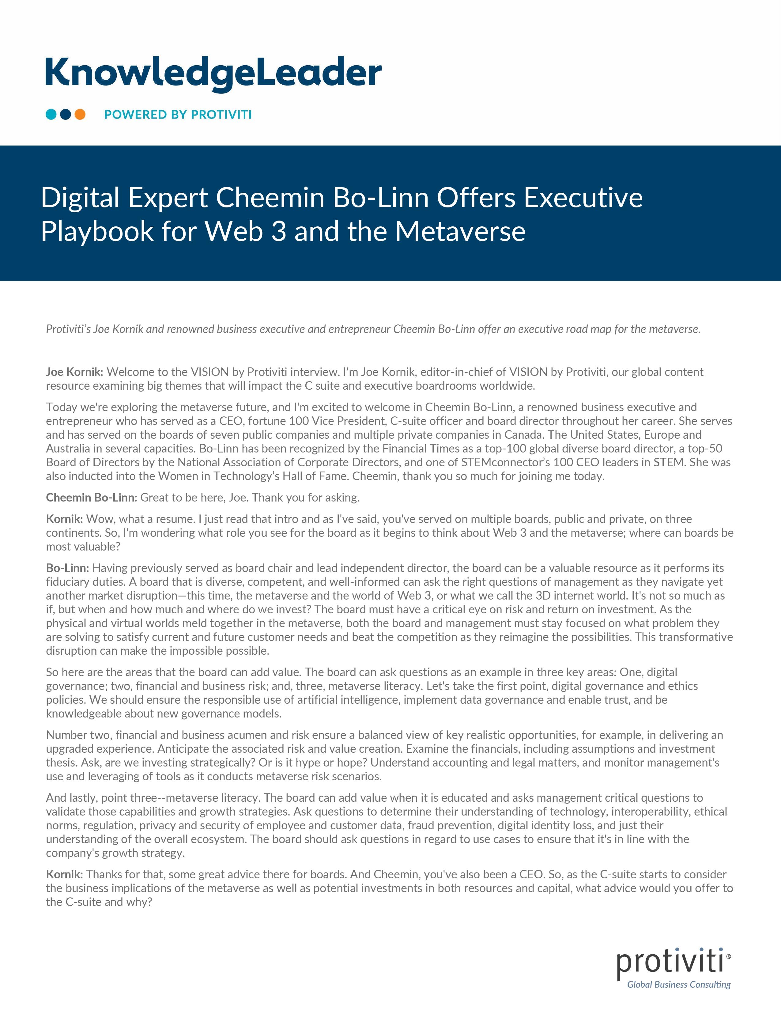 Screenshot of the first page of Digital Expert Cheemin Bo-Linn Offers Executive Playbook for Web 3 and the Metaverse