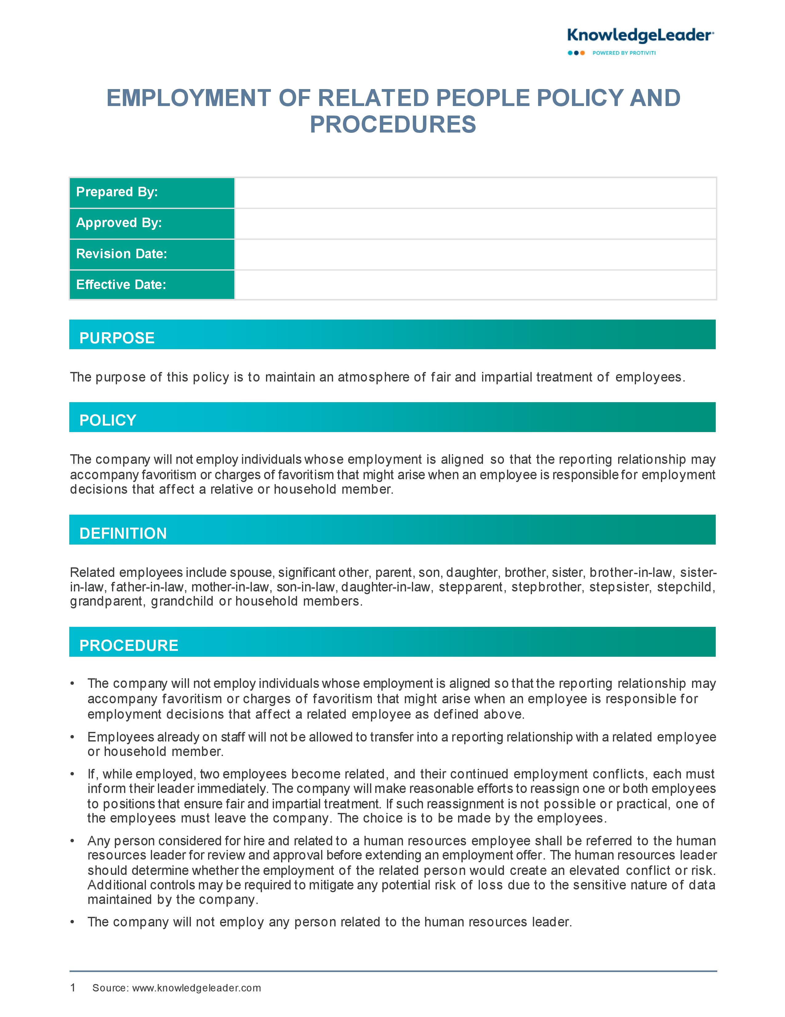 Screenshot of the first page of Employment of Related People Policy and Procedures