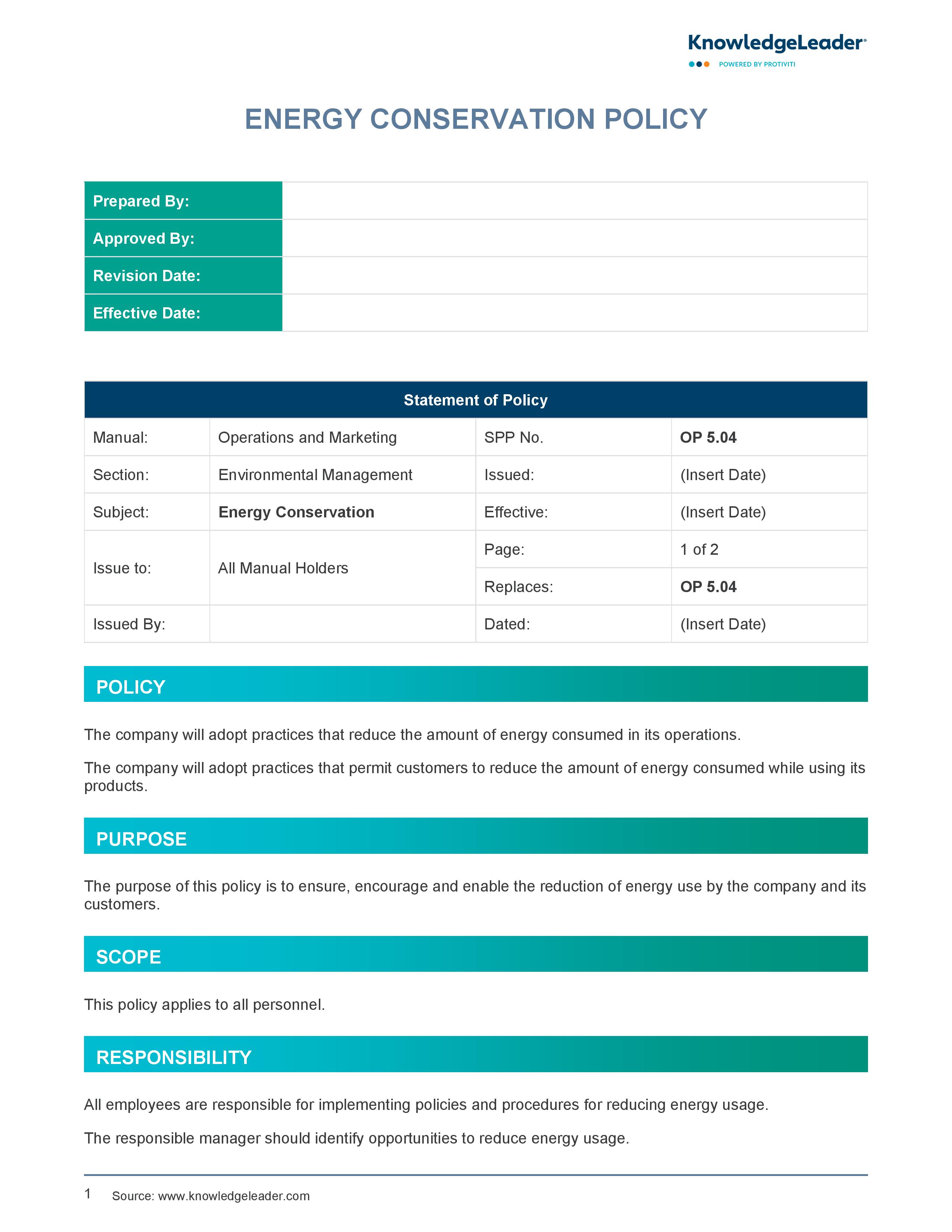 Screenshot of the first page of Energy Conservation Policy