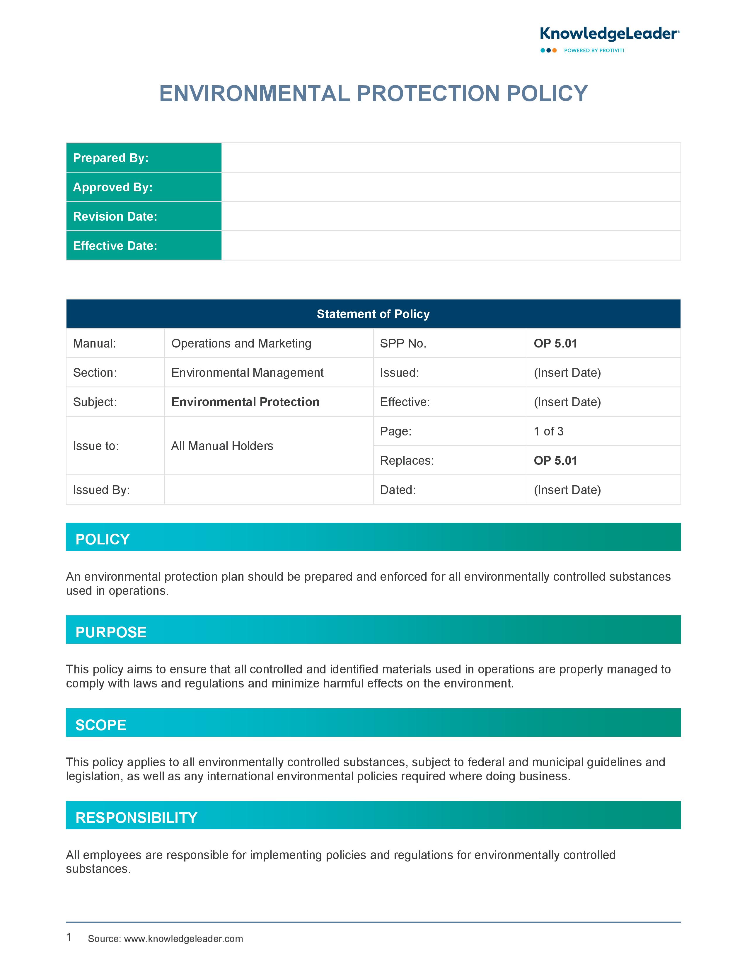 screenshot of the first page of Environmental Protection Policy