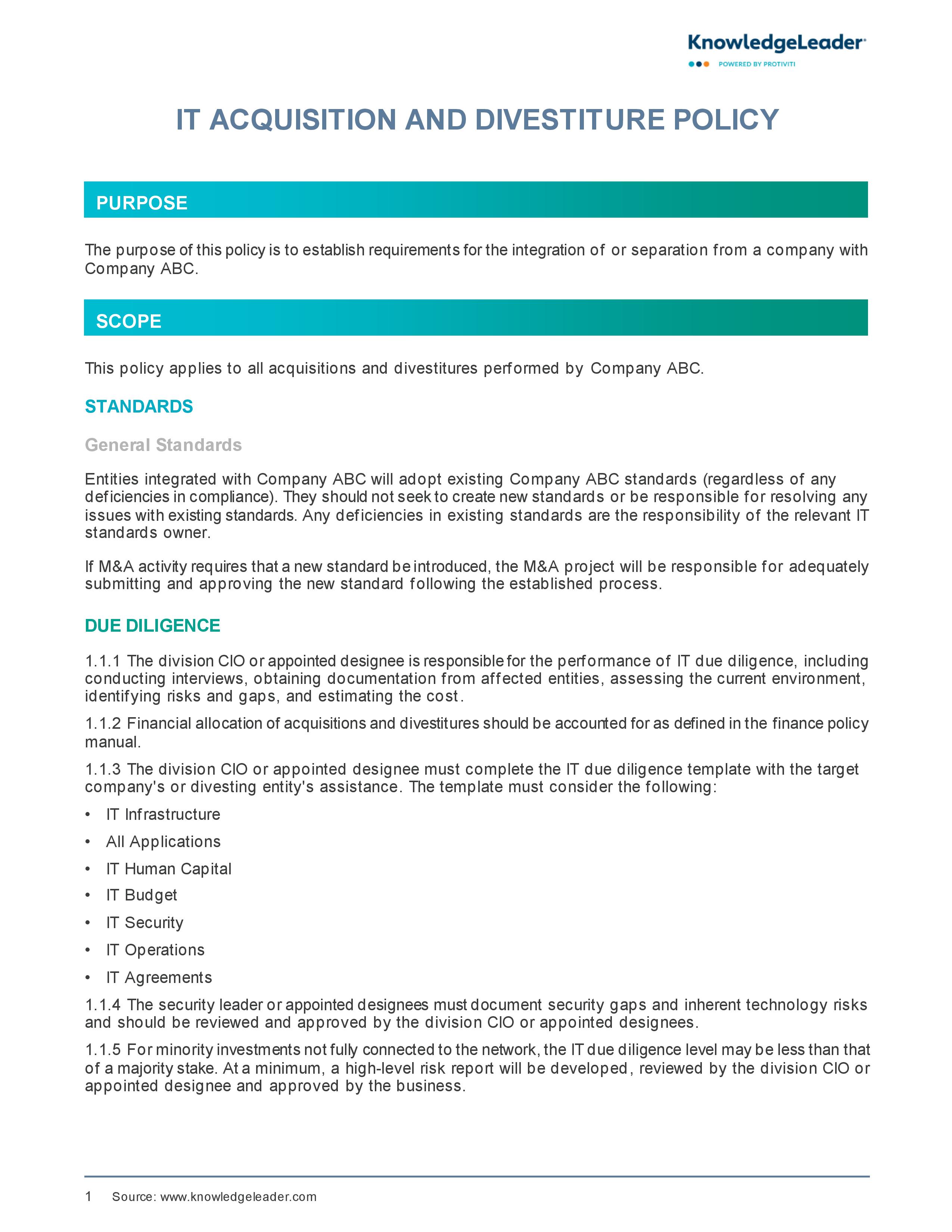 Screenshot of the first page of IT Acquisition and Divestiture Policy