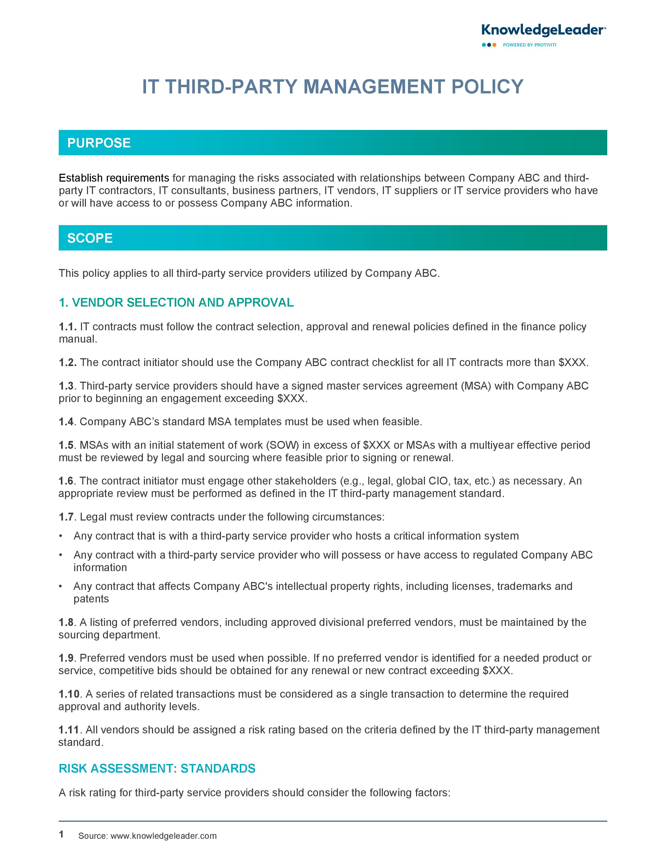 Screenshot of the first page of IT Third-Party Management Policy