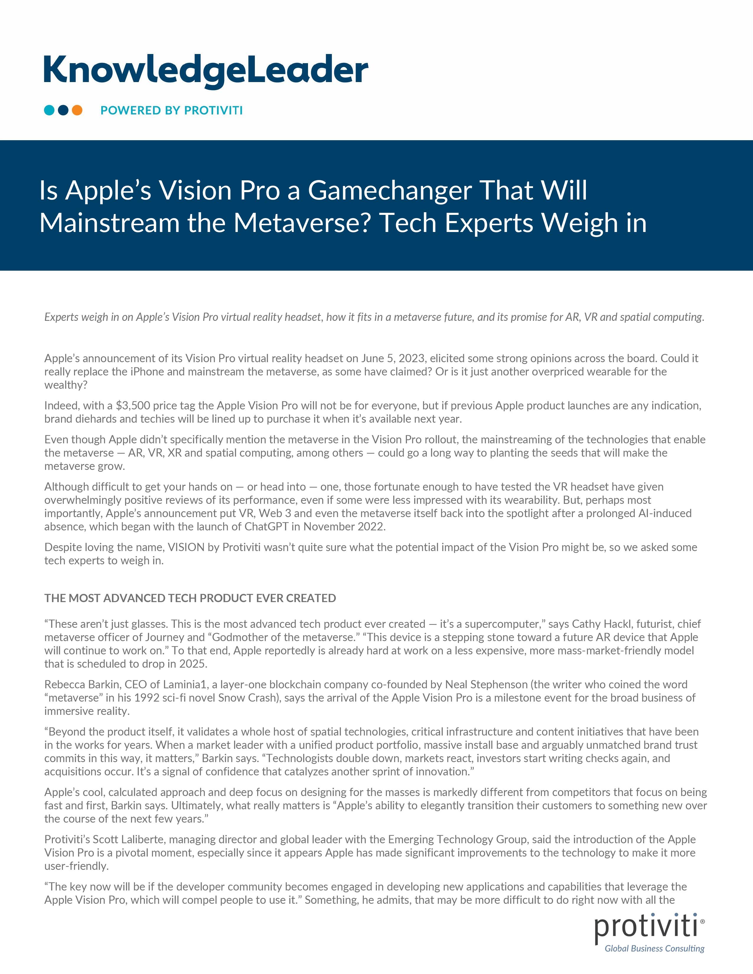 Screenshot of the first page of Is Apple’s Vision Pro a Gamechanger That Will Mainstream the Metaverse Tech Experts Weigh in