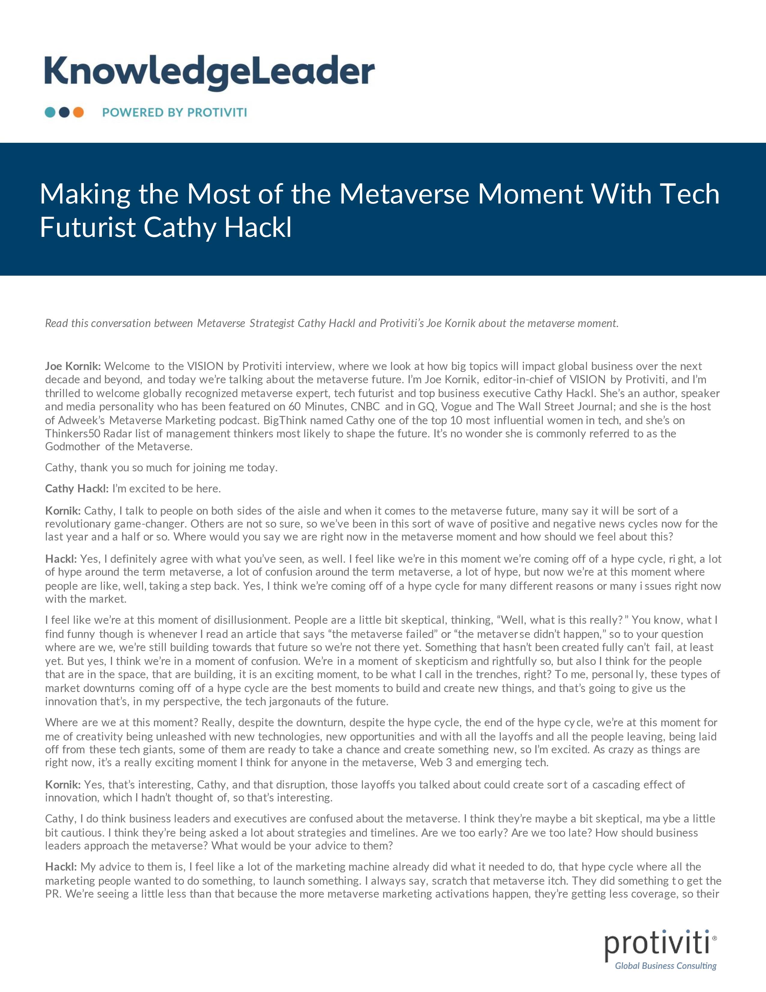 Screenshot of the first page of Making the Most of the Metaverse Moment With Tech Futurist Cathy Hackl