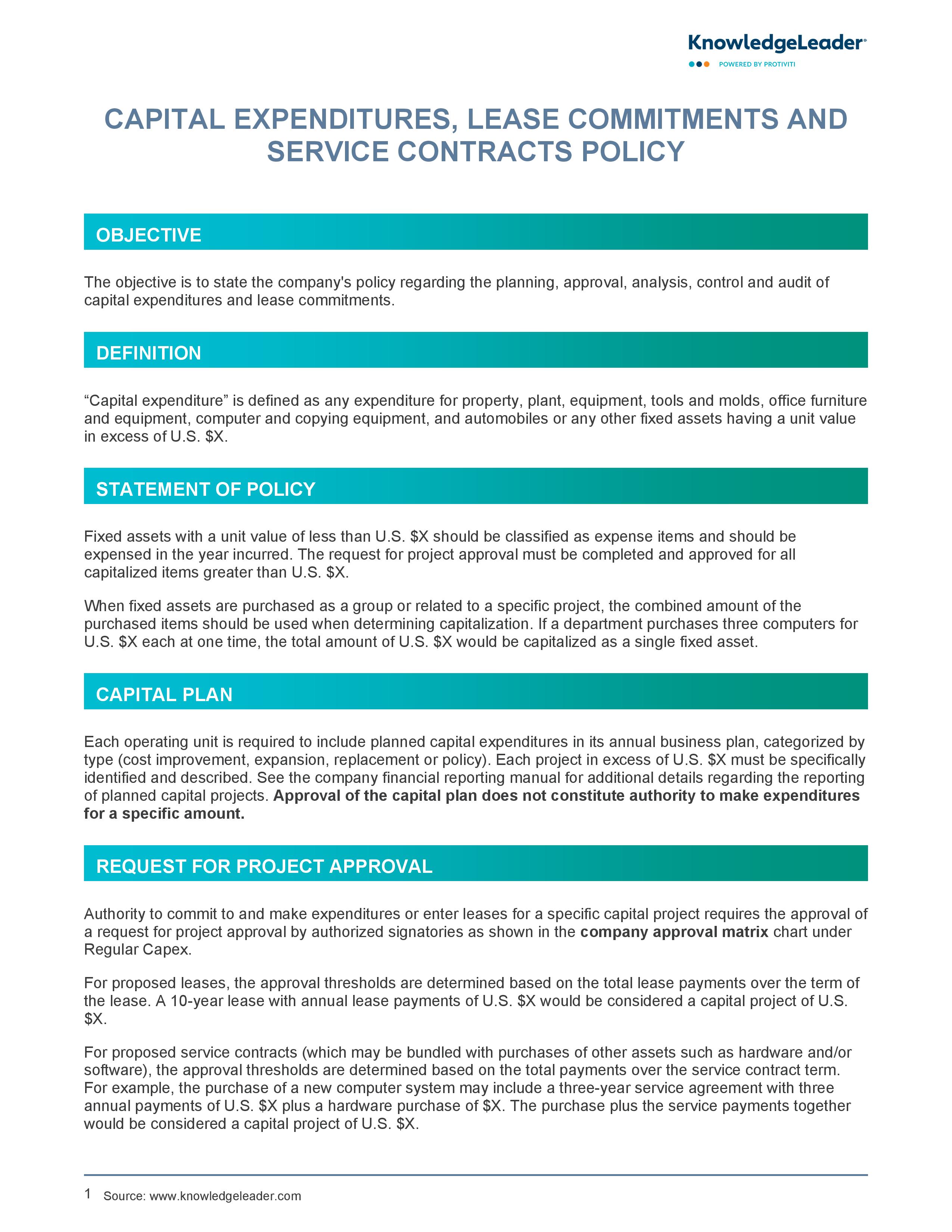 screenshot of the first page of Capital Expenditures Lease Commitments Service Contracts Policy