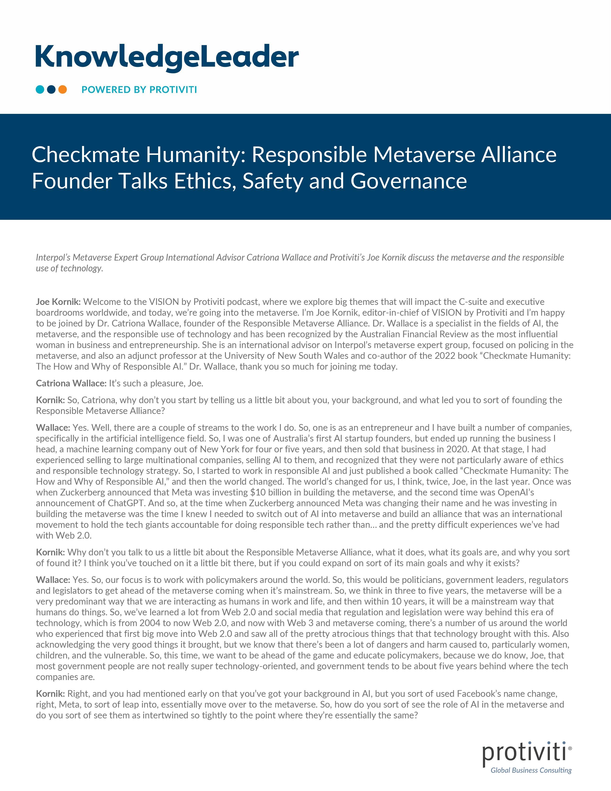 screenshot of the first page of Checkmate Humanity Responsible Metaverse Alliance Founder Talks Ethics, Safety and Governance