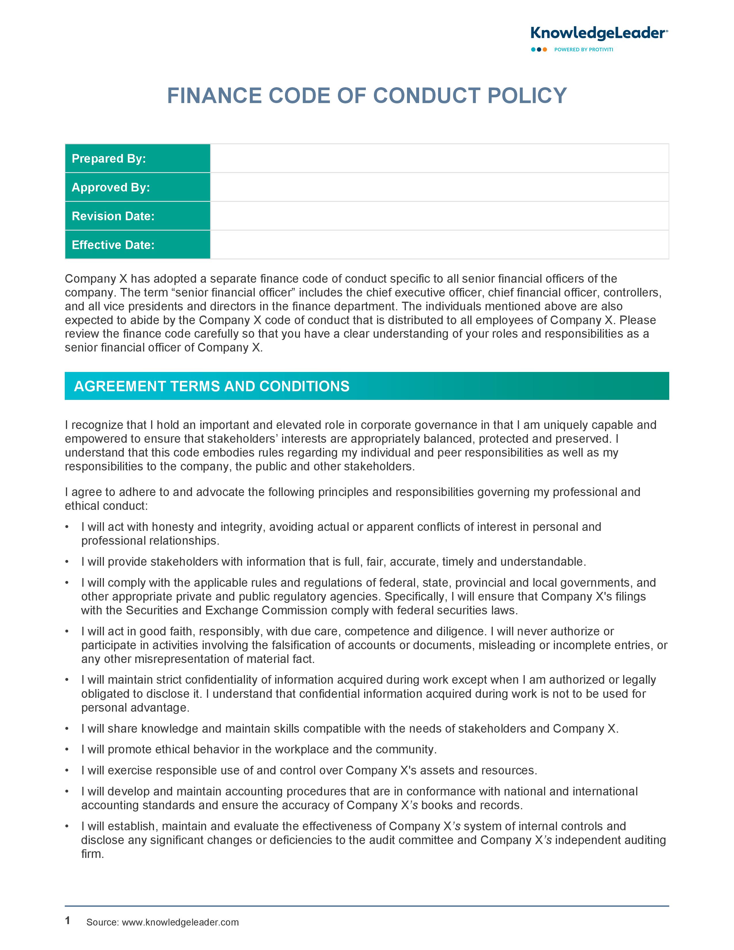 Screenshot of the first page of Finance Code of Conduct Policy
