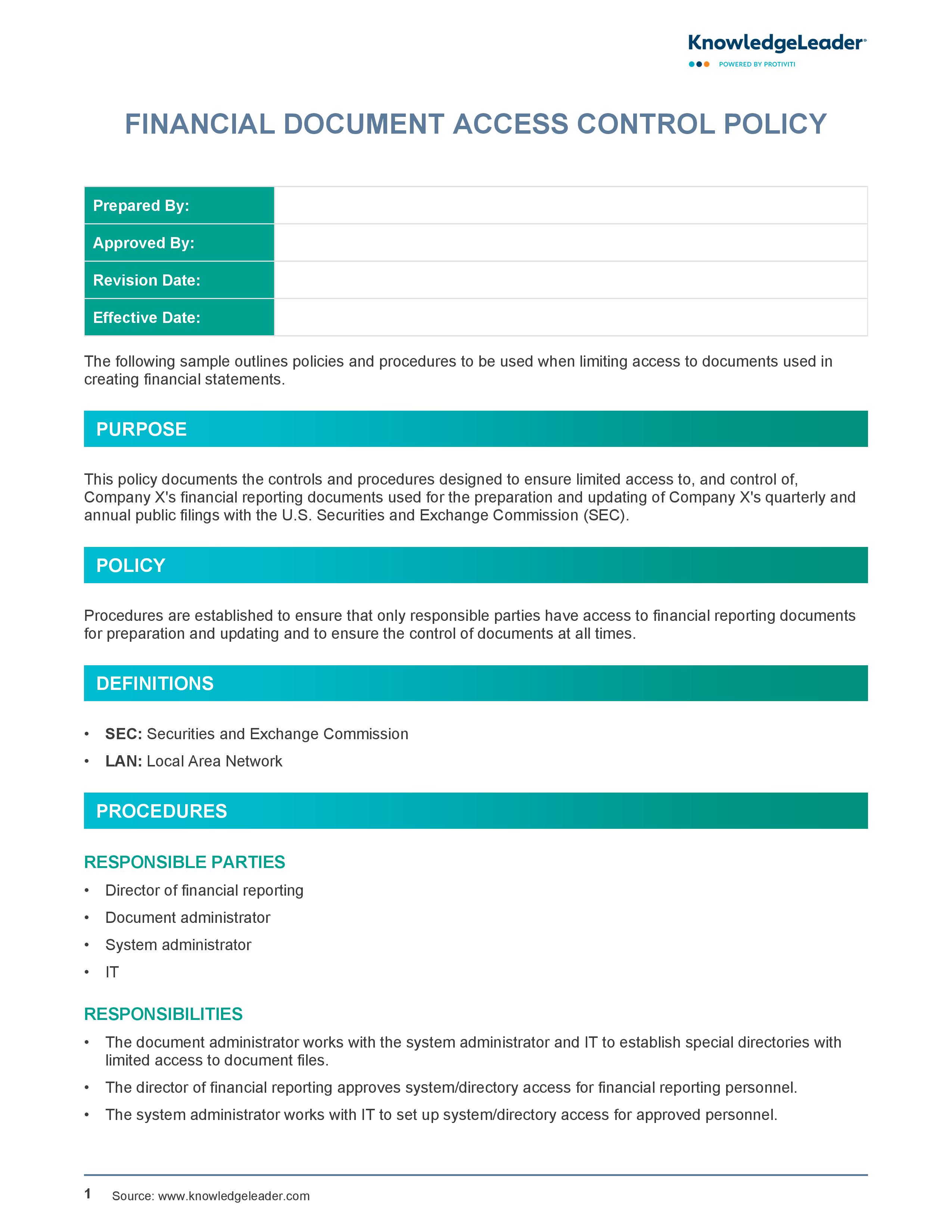 Screenshot of the first page of Financial Document Access Control Policy