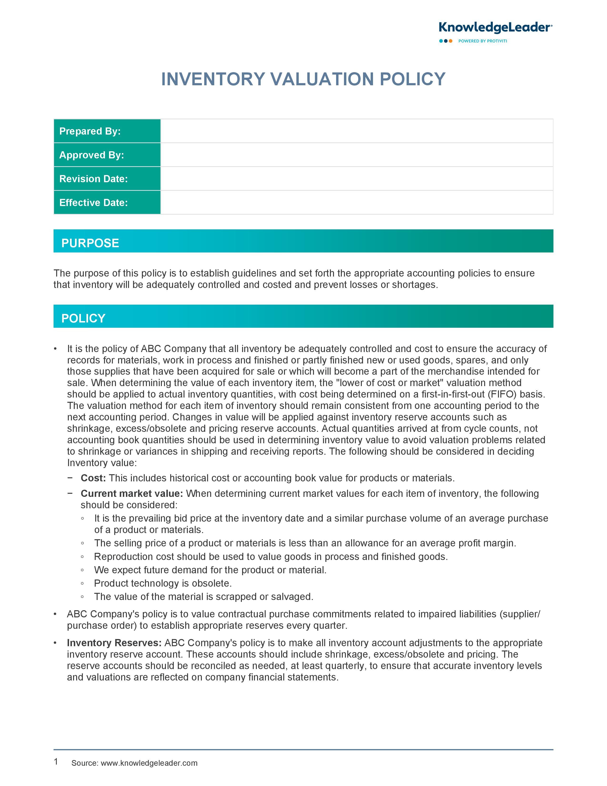 Screenshot of the first page of Inventory Valuation Policy