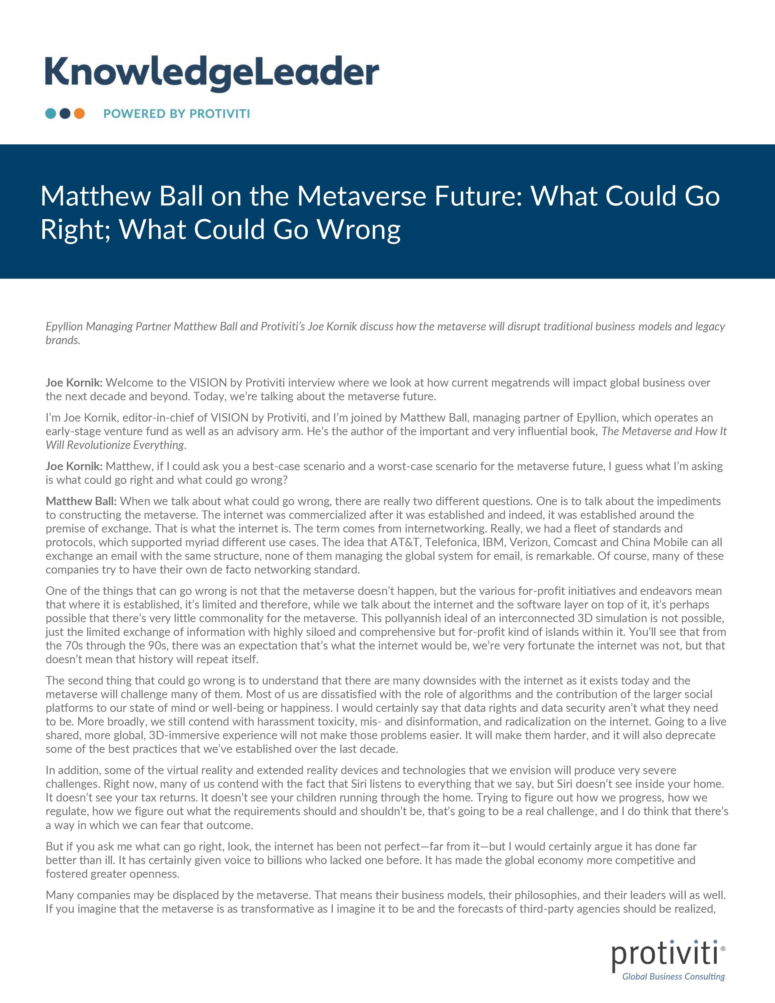 Screenshot of the first page of Matthew Ball on the Metaverse Future What Could Go Right; What Could Go Wrong