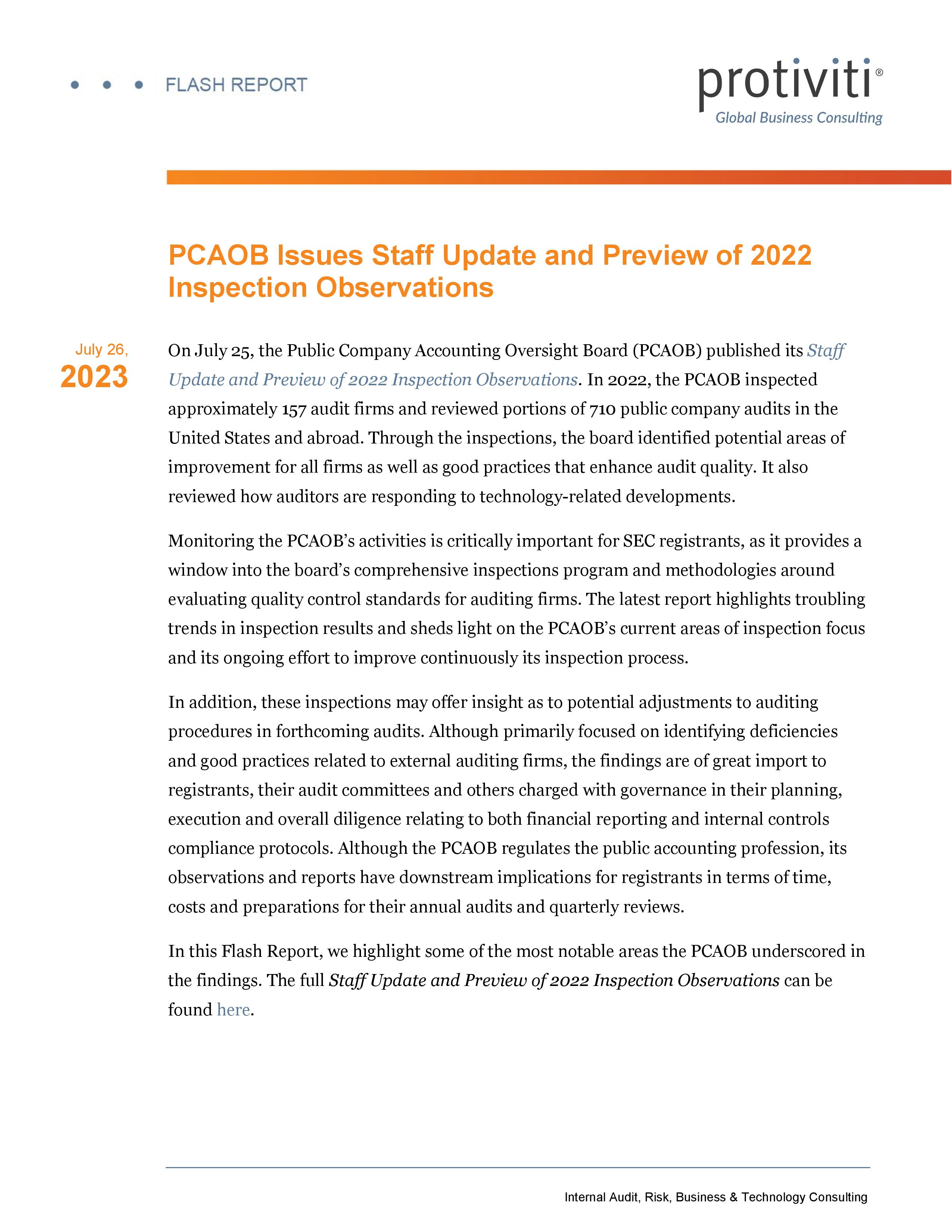 screenshot of the first page of PCAOB Issues Staff Update and Preview of 2022 Inspection Observations