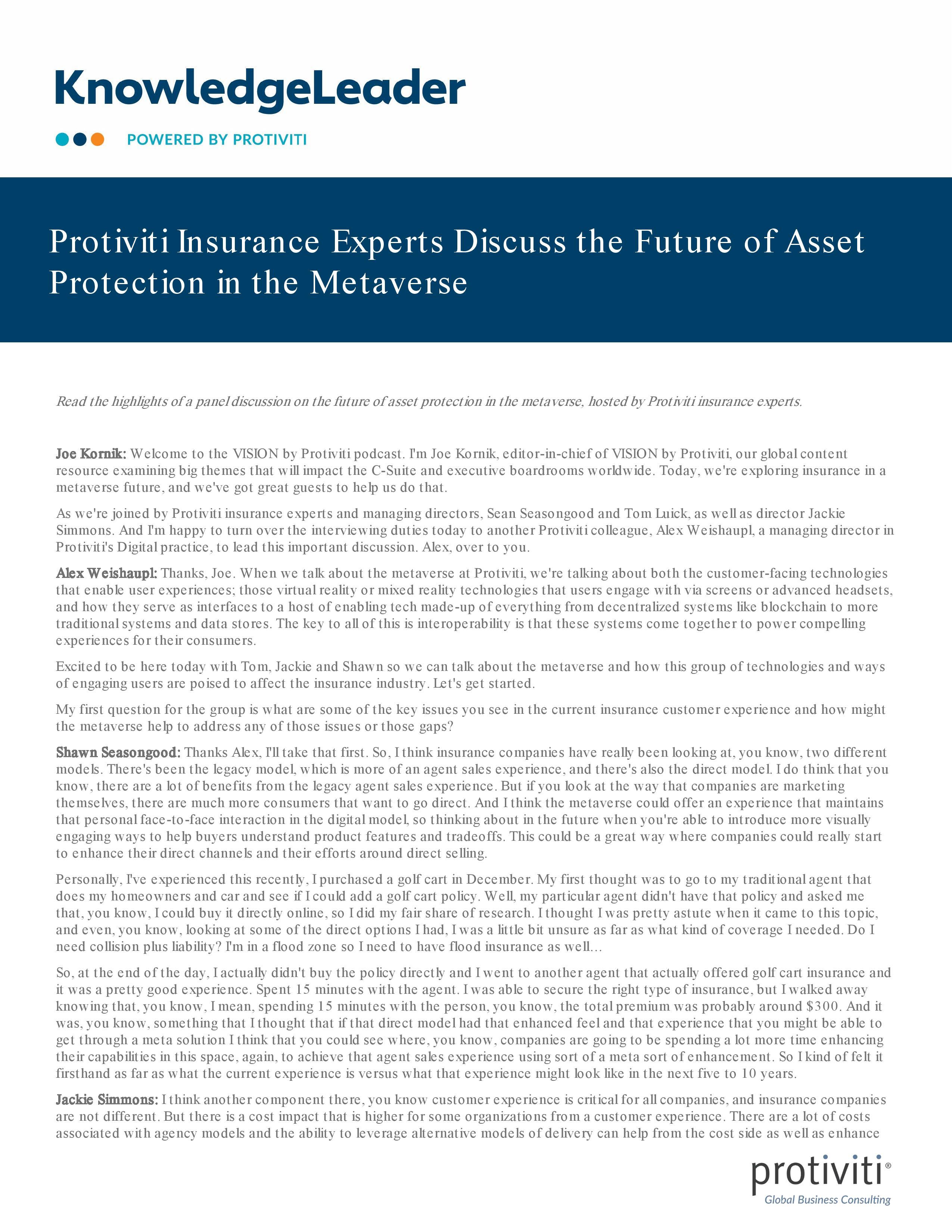 screenshot of the first page of Protiviti Insurance Experts Discuss the Future of Asset Protection in the Metaverse