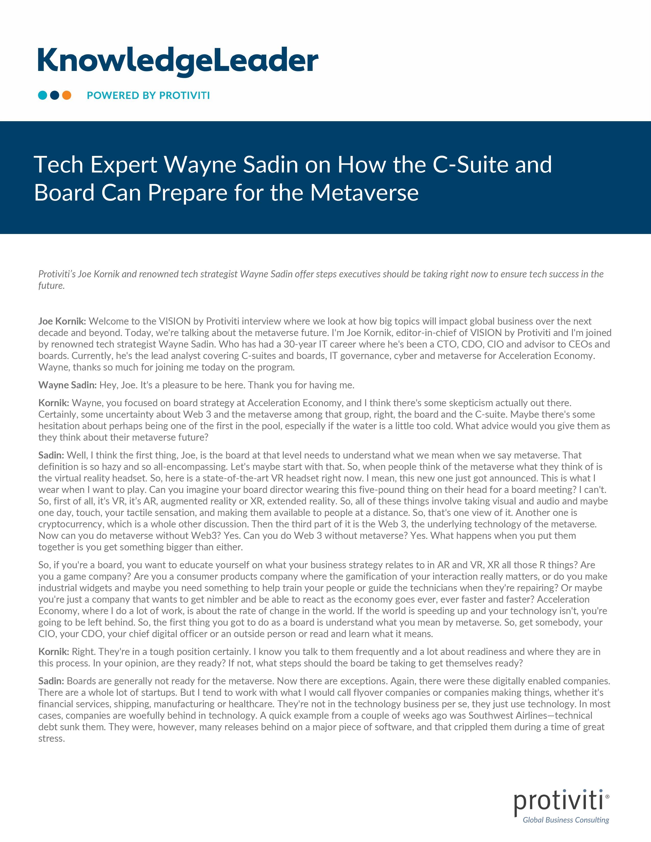 screenshot of the first page of Tech Expert Wayne Sadin on How the C-suite and Board Can Prepare for the Metaverse