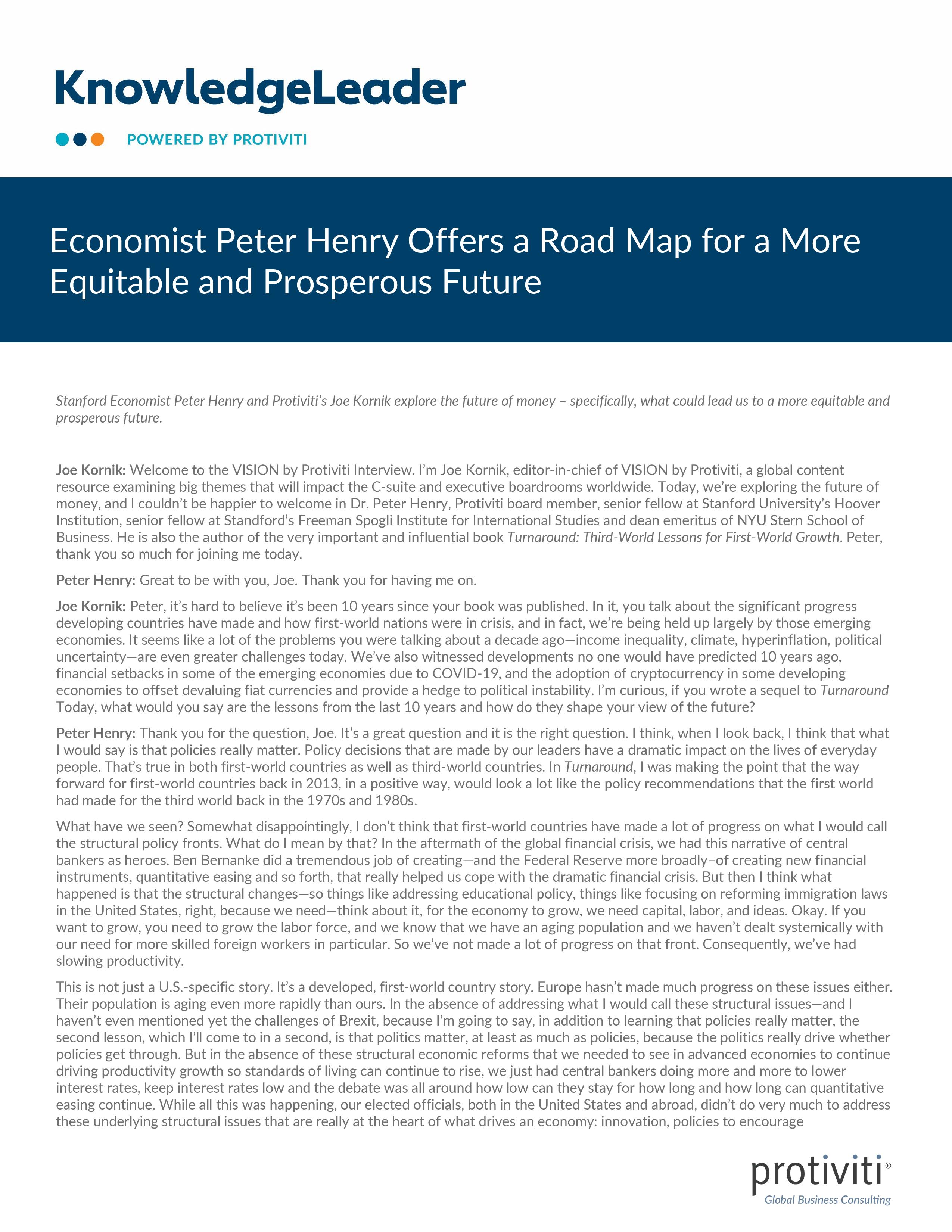 Screenshot of the first page of Economist Peter Henry Offers a Road Map for a More Equitable and Prosperous Future