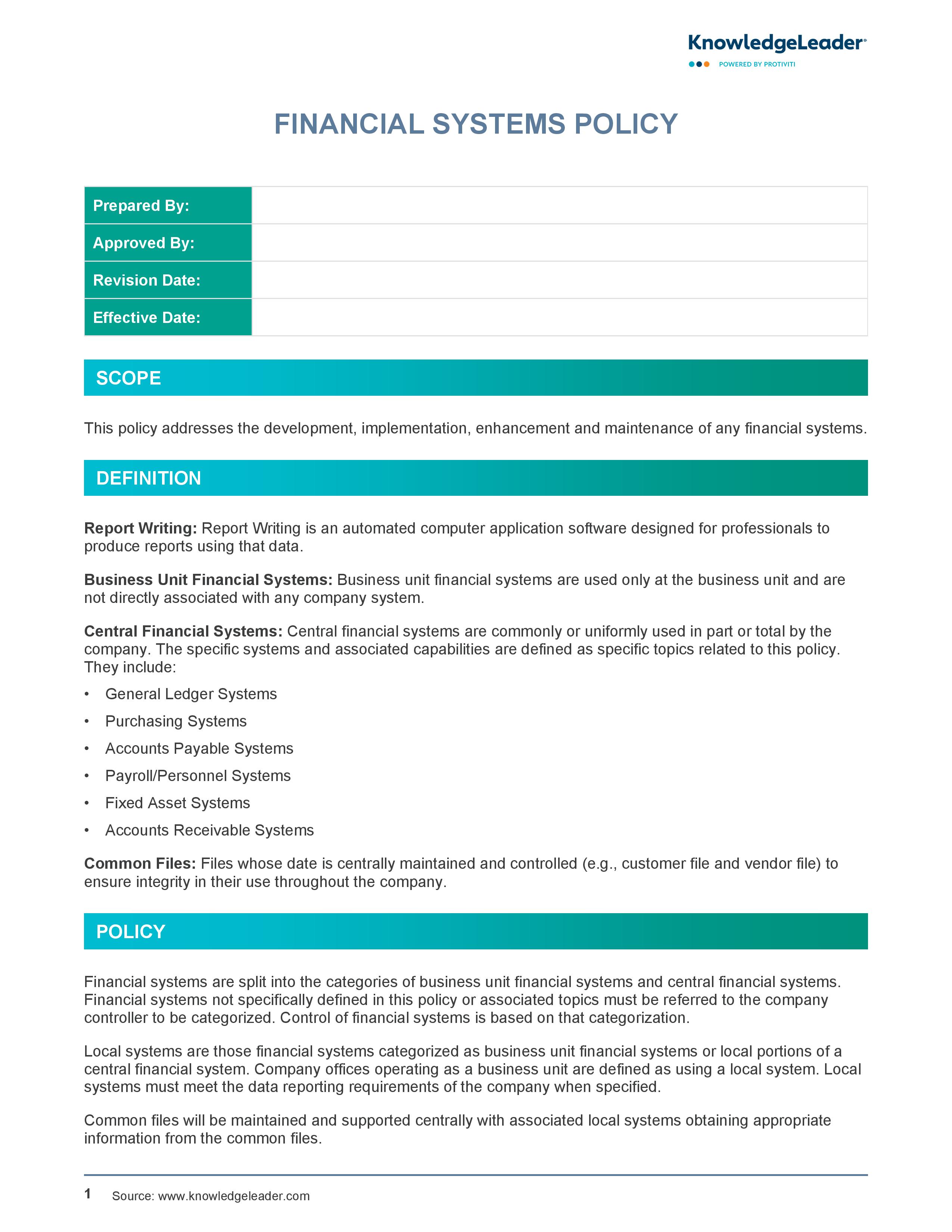 Screenshot of the first page of Financial Systems Policy