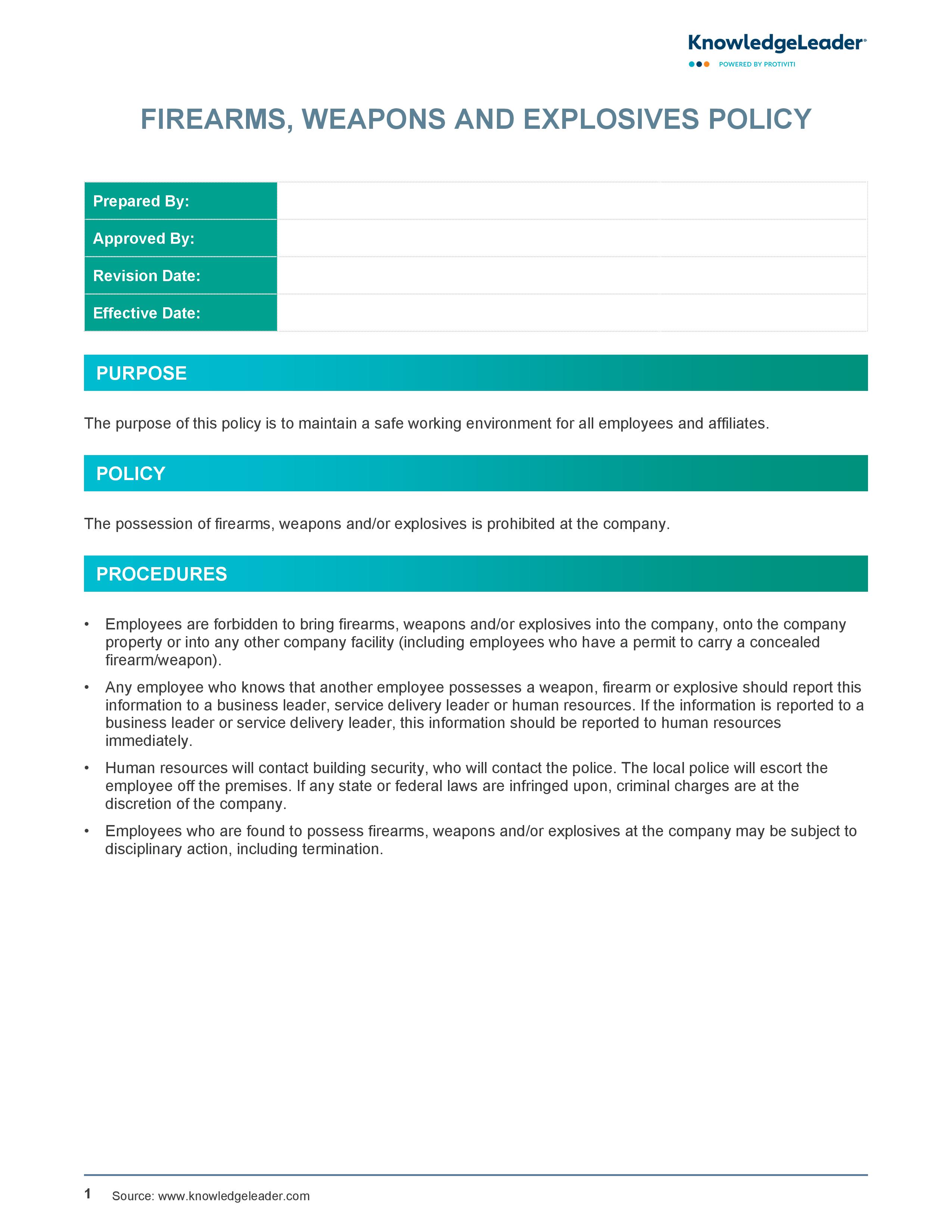 Screenshot of the first page of Firearms, Weapons and Explosives Policy