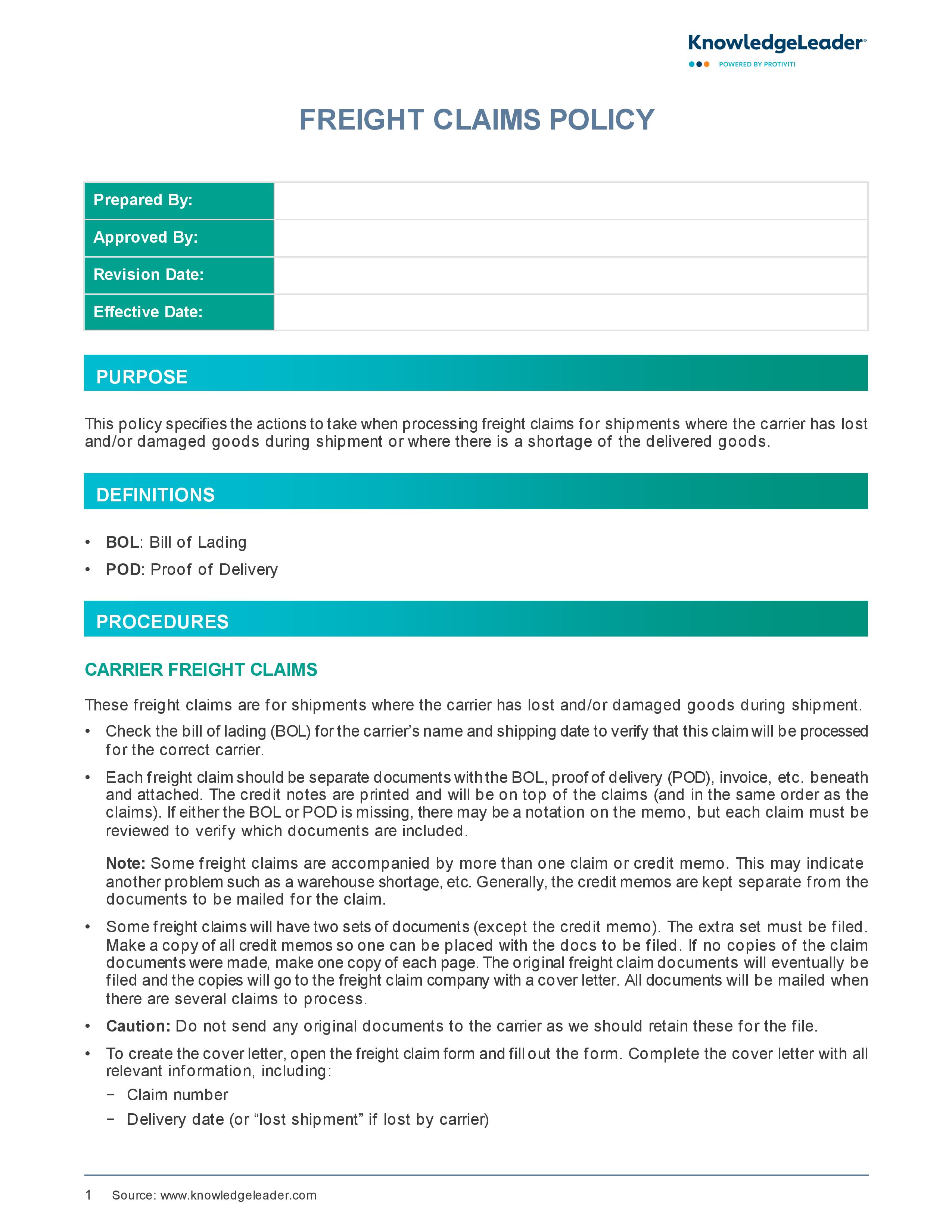 screenshot of the first page of Freight Claims Policy